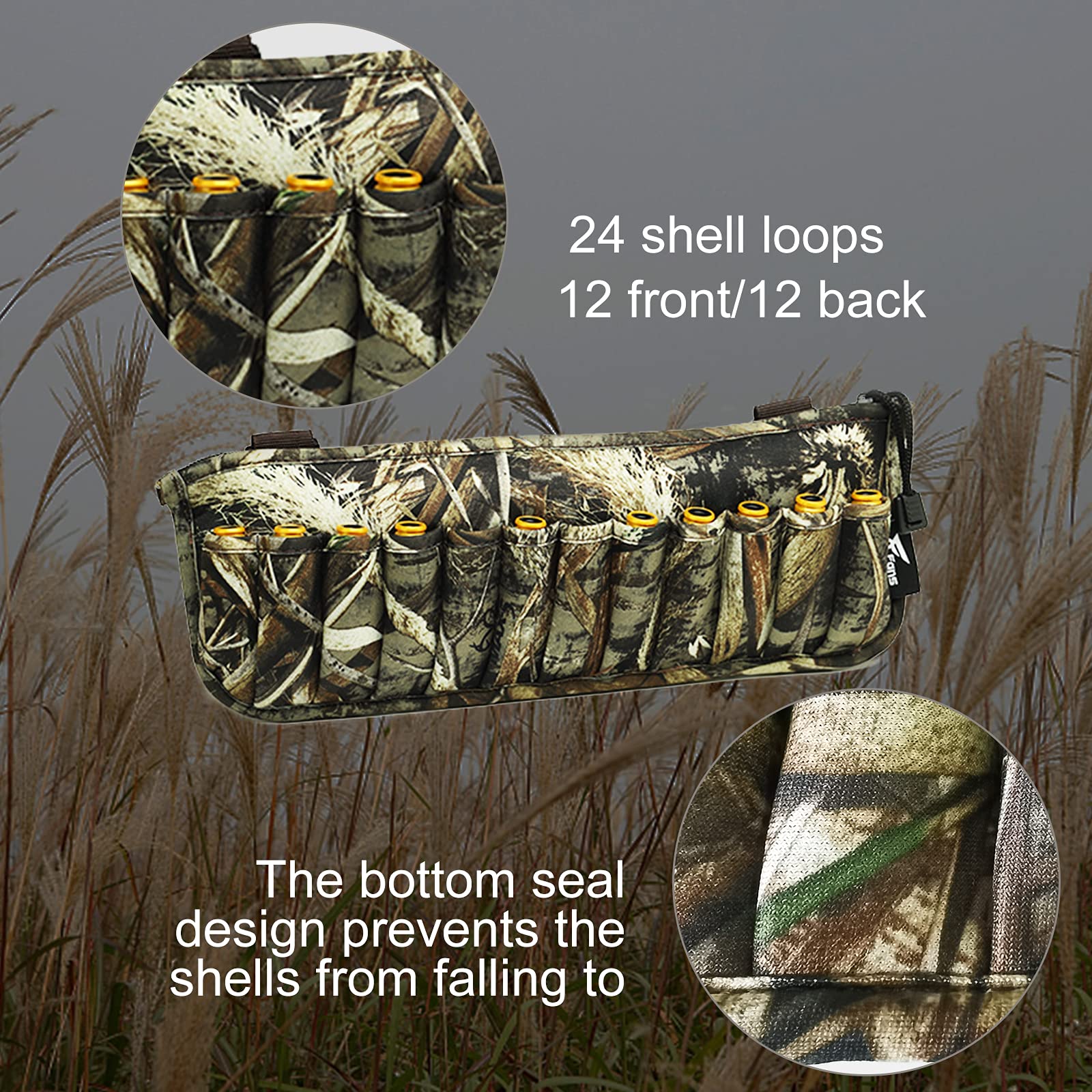 8 Fans Waders Shell Holder - Camo Neoprene Wader Shell Clip with 24 Shell Loops for Duck Hunting & Waterfowl Hunting - Perfect for Marsh, Wetland & Outdoor Hunting Accessories