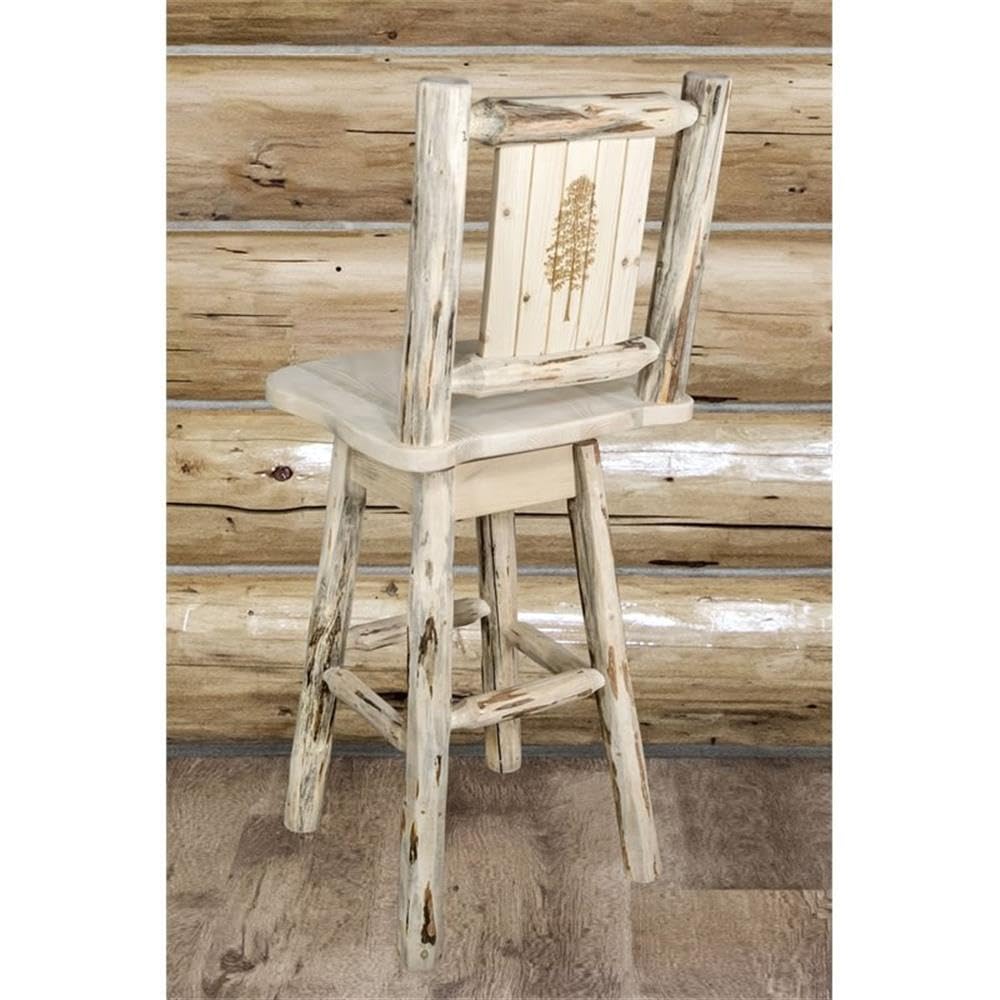 Montana Woodworks Swivel Bar Stool with Back - Laser Engraved Pine Tree Design, Clear Lacquer Finish - Counter Height Bar Stools for Kitchen Island, Breakfast Nook & Home Bar Decor