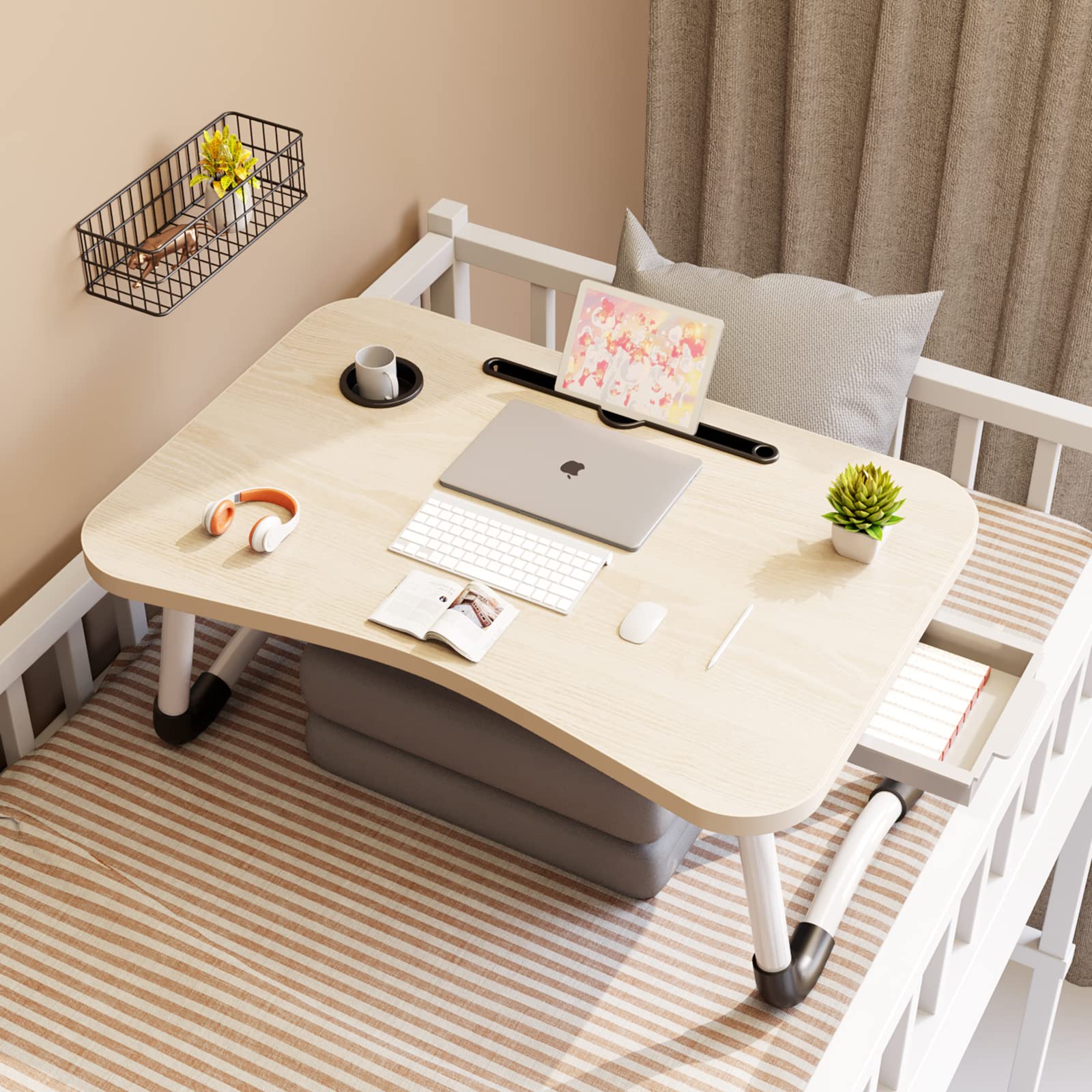 EAQ Foldable Laptop Bed Tray Table with Cup Holder & Storage Drawer - Portable Adjustable Laptop Stand for Working, Reading in Bed, Couch or Sofa - Beige Home Office & Study Essential