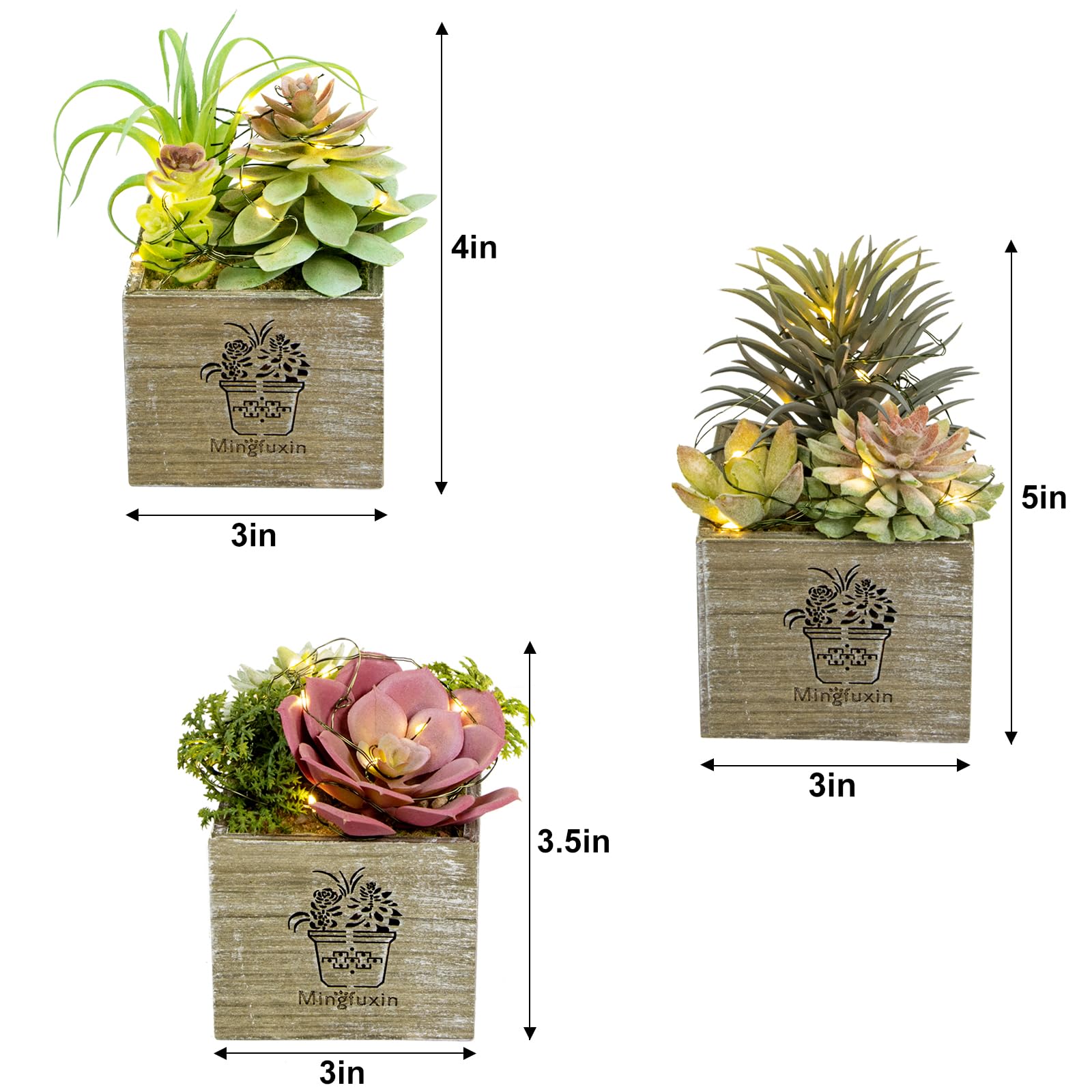 3 Pack Mini Artificial Succulent Plants with LED Lights - Small Fake Plants for Bathroom, Bedroom, Desk & Office Decor - Perfect for Home, Wedding, Party & Gift Giving