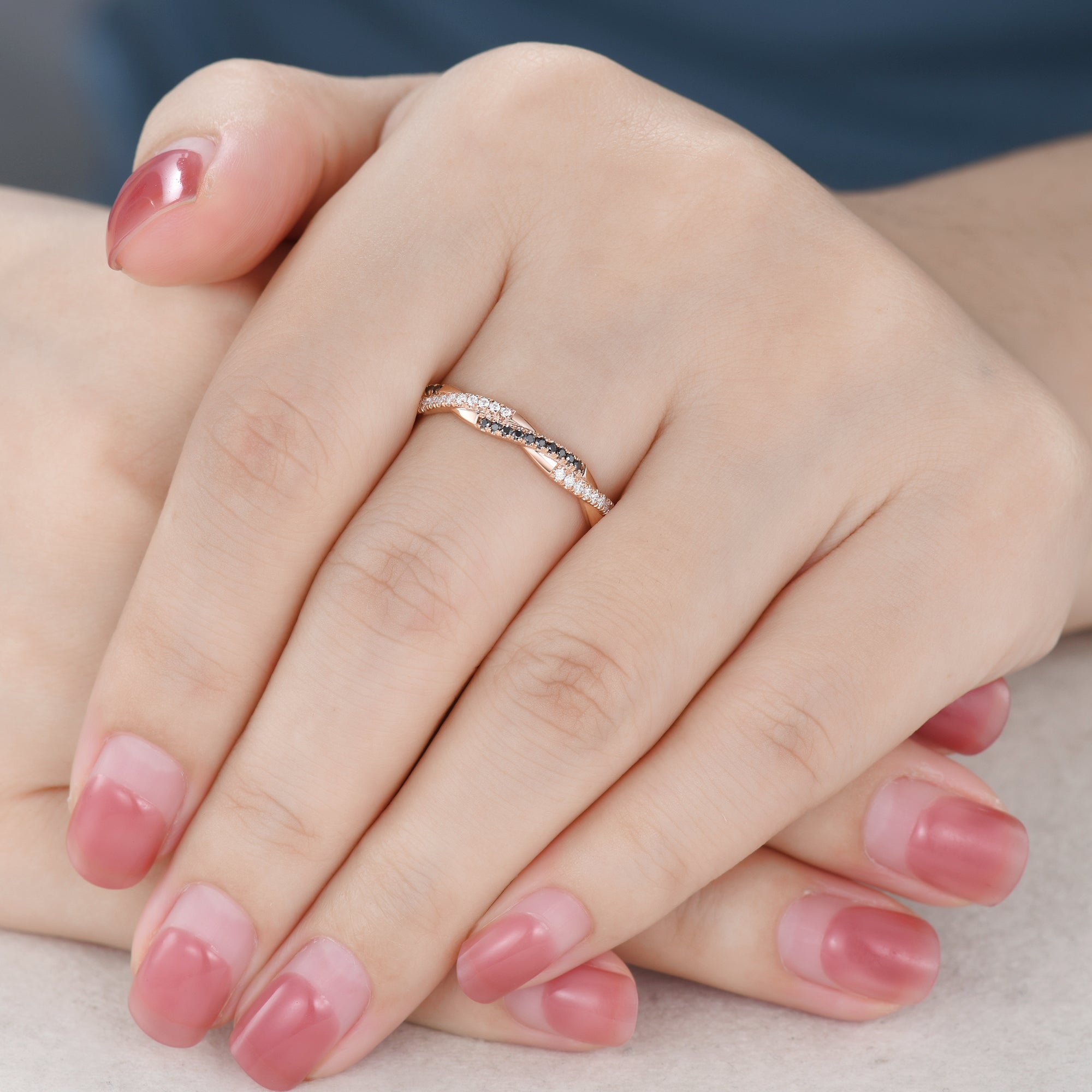 Twisted Black Diamond Wedding Band Ring for Women - 14K Rose Gold Infinity Full Eternity Ring - Perfect for Anniversary, Engagement & Romantic Gifts