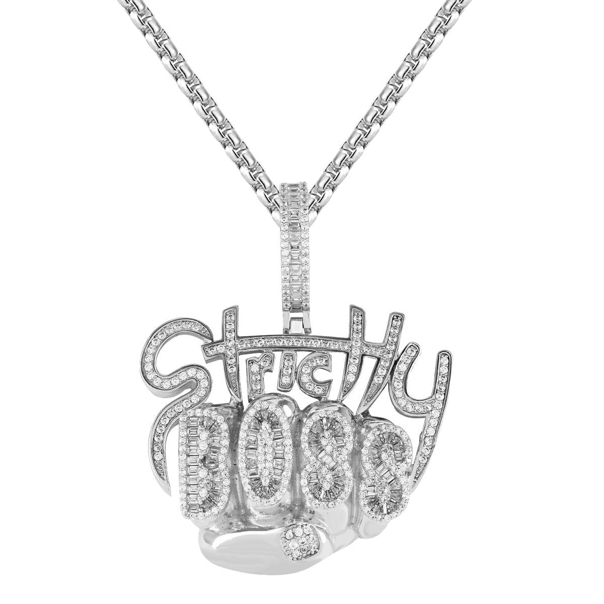 Men's Custom Hip Hop Icy Pendant Chain - Strictly Boss Fist Punch Design - Perfect for Streetwear, Rap Performances & Urban Fashion Accessories