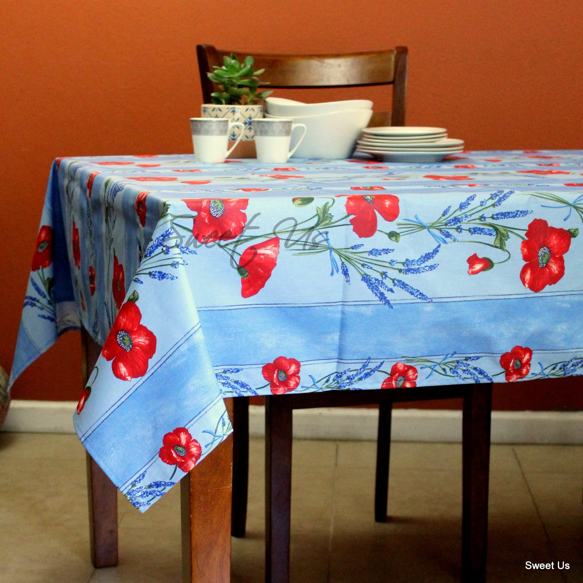 La Cigale Poppy Éclat Spill-Resistant Wipeable Tablecloth - Acrylic Coated Floral Cotton French Provencal Design for Rectangle Tables (60x98 Inches, Blue) - Perfect for Dining Rooms, Kitchens, Outdoor Patios & French Country Decor