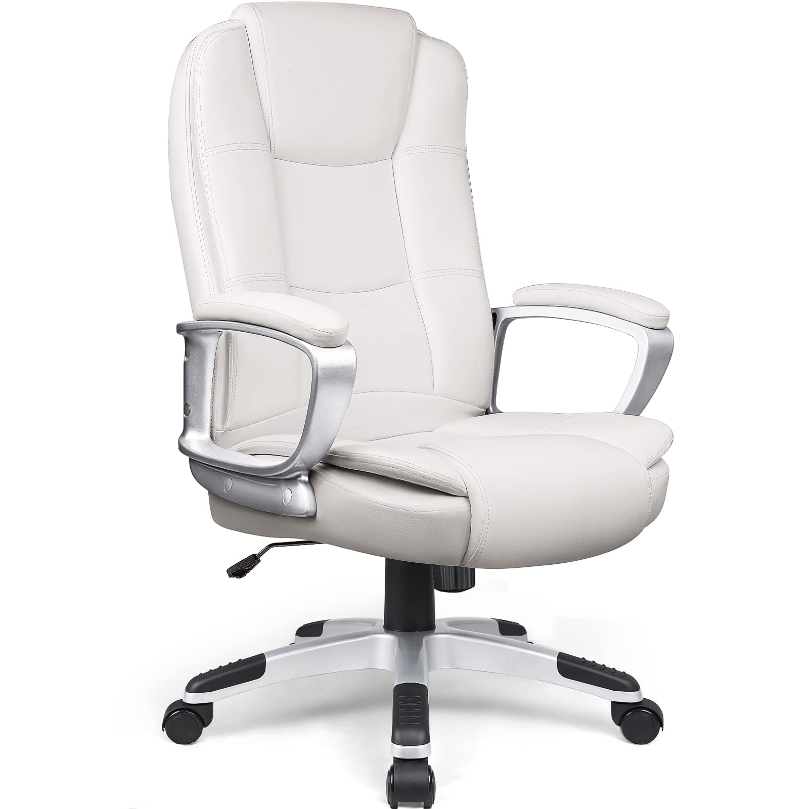 LEMBERI Ergonomic Office Desk Chair - Big & Tall Executive High Back Computer Chair with Adjustable Height, PU Leather & Cushion Support - Perfect for Long Hours Sitting in Home Office or Workspace (White)