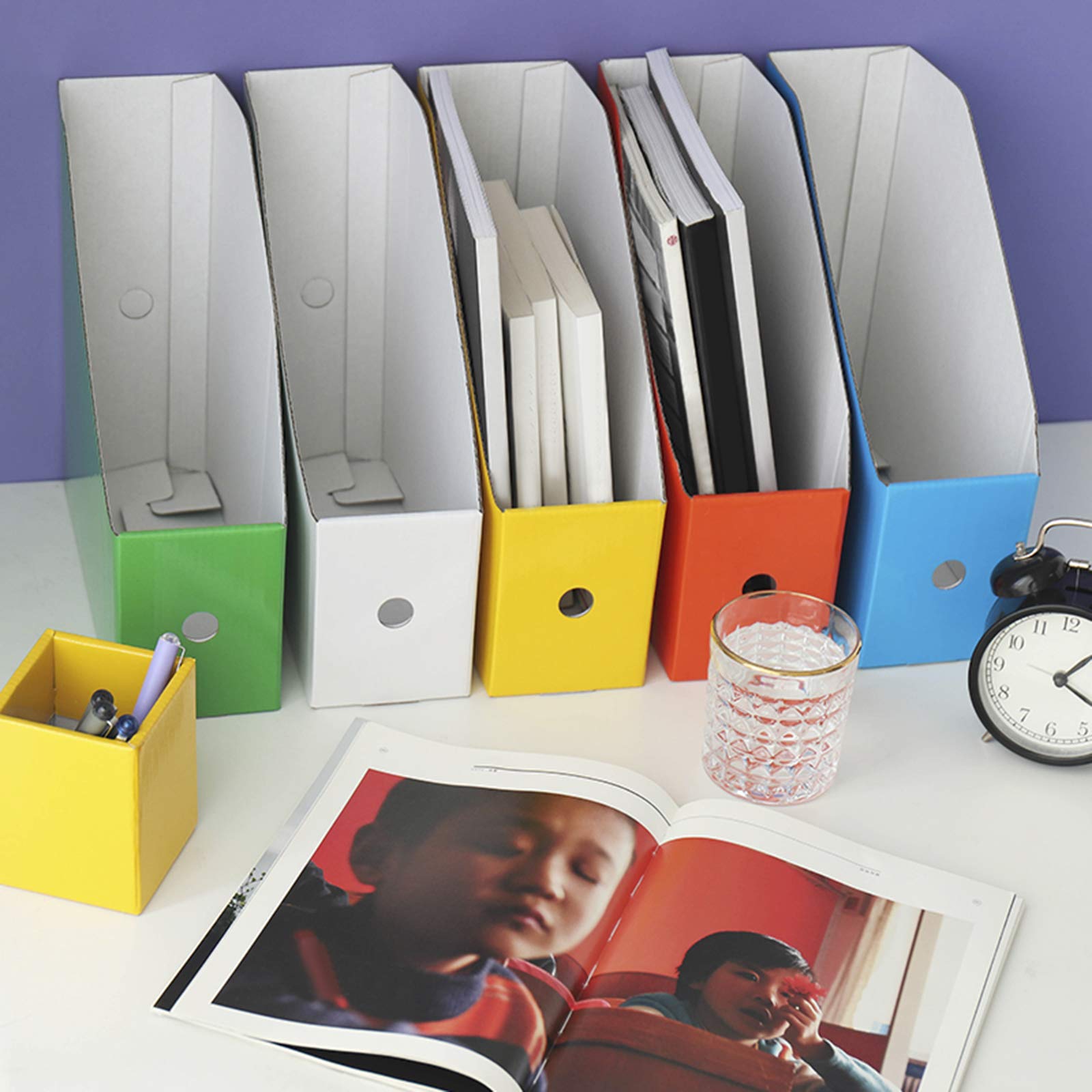 Sturdy Cardboard Magazine File Holder Organizer - Set of 5 Multicolored Book Bins for Office & Home Storage - Perfect for Desk Organization, Document Filing, and Magazine Display