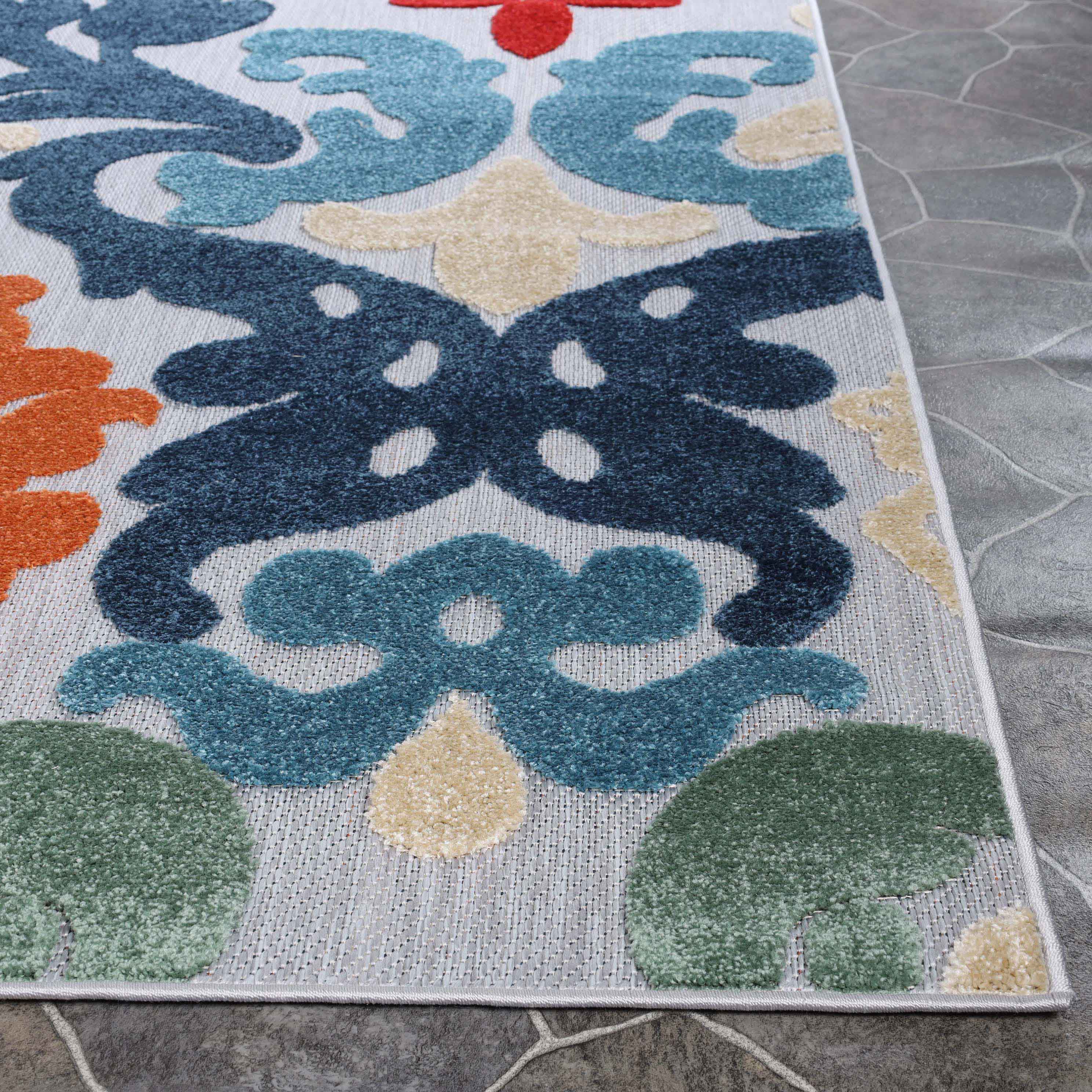 Lowell Traditional Damask Indoor/Outdoor Area Rug - Non-Slip, Waterproof, Durable - Perfect for Living Room, Patio, Deck & Sunroom Decor
