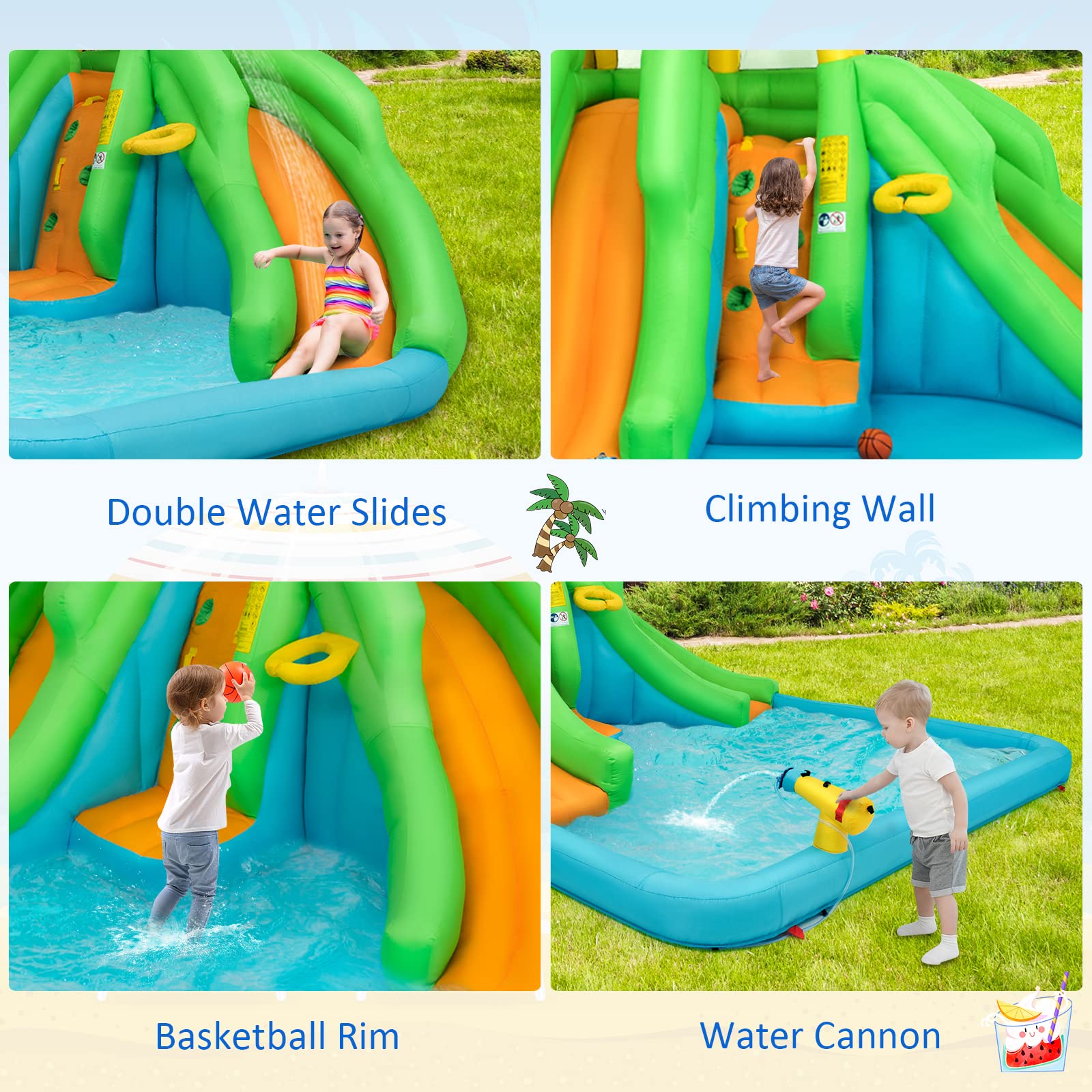 **HONEY JOY 6-in-1 Inflatable Water Slide for Kids - Bounce House with Climbing Wall, 2 Long Slides, Splash Pool & Water Cannons | Indoor & Outdoor Backyard Water Park (Includes 550W Blower) - Perfect for Summer Parties, Birthdays & Family Fun**
