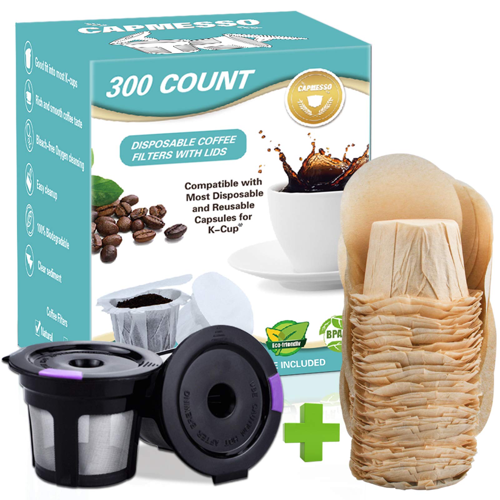2 Reusable Keurig Cups & 300 Unbleached Keurig Coffee Pods Paper Filters with Lids - Eco-Friendly Disposable K-Cup Filters for Single Serve Coffee - Compatible with Keurig 2.0 & 1.0 Coffee Makers - Perfect for Home, Office, or Travel Use