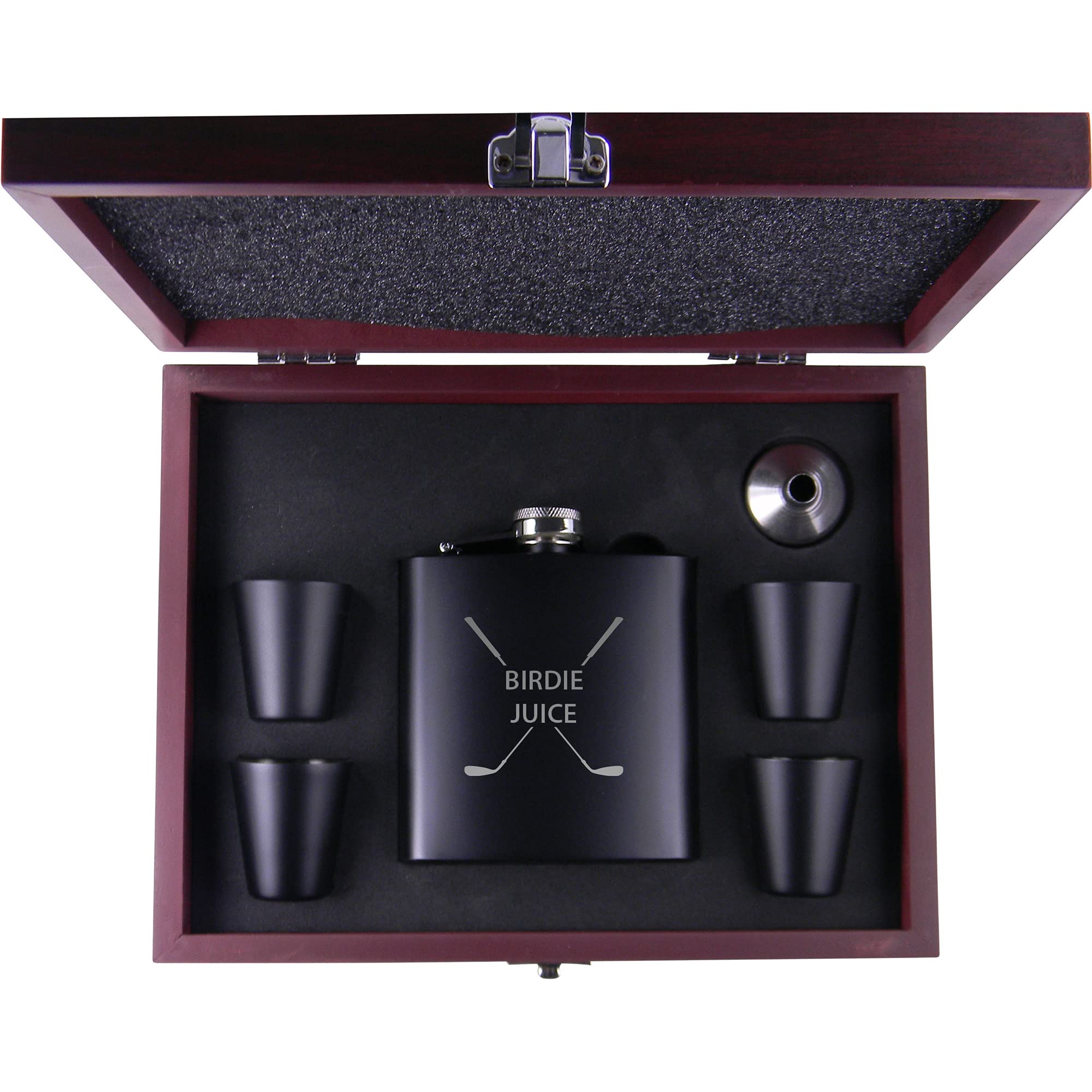 Premium Golf Gift Set - Stainless Steel 6-Oz Matte Birdie Juice Flask with Funnel, 4 Shot Glasses & Rosewood MDF Gift Box | Perfect for Golf Tournaments, Father's Day & Sports Enthusiasts