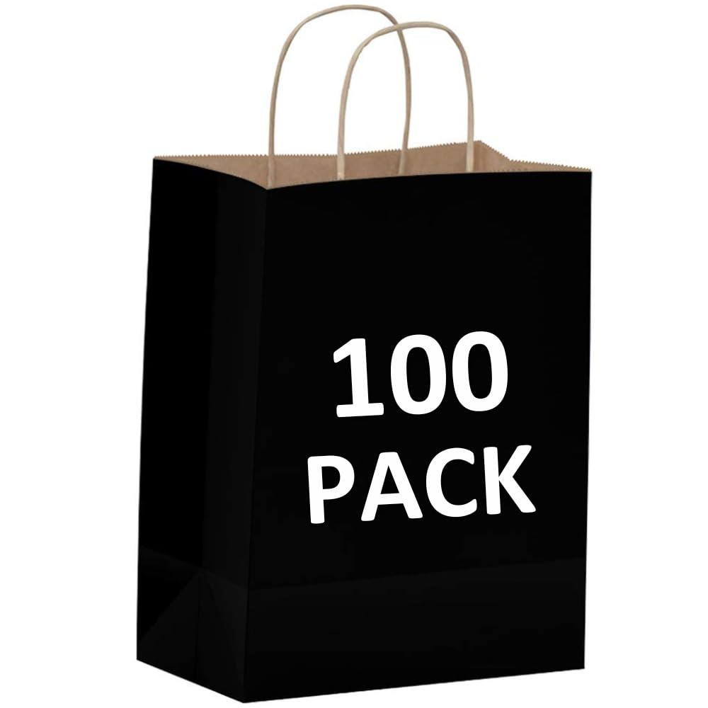 Qutuus 100-Pack Black Kraft Paper Gift Bags with Handles - 8x4.5x10 Inch Bulk Shopping Bags for Retail, Parties, Favors & Business | Eco-Friendly Merchandise Packaging for Stores, Weddings & Events