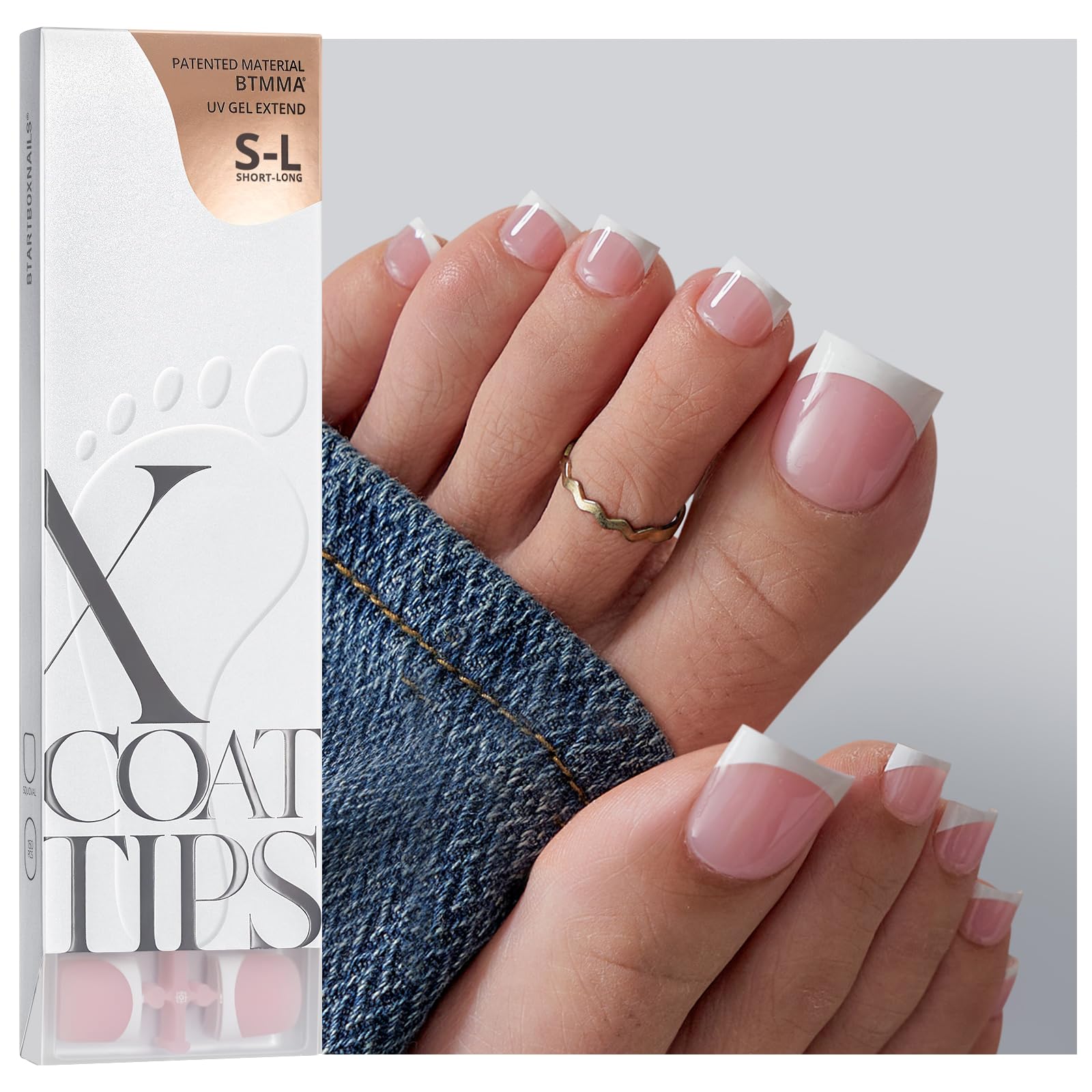 BTArtboxnails XCOATTIPS Toe Nail Tips - 150pcs Soak Off French Tip Press On Toenails for Women, Square Pink Fake Nails, 15 Sizes, UV/LED Curable, Requires Builder Gel & Top Coat - Perfect for Pedicures, Nail Art, and Home Manicures