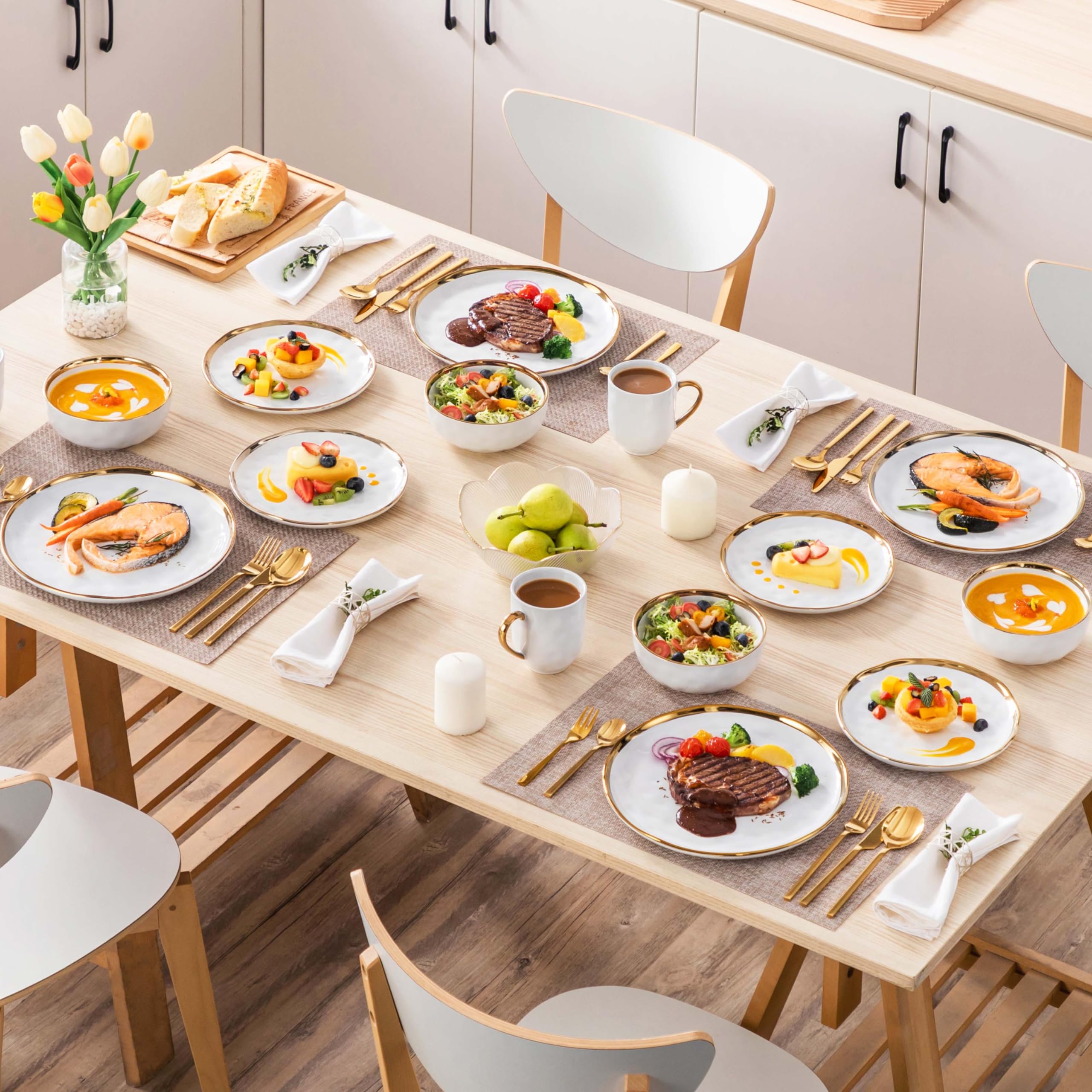 LOVECASA 16-Piece Porcelain Dinnerware Set - White & Gold Round Plates & Bowls for 4, Dishwasher Safe & Scratch Resistant - Elegant Table Setting for Holidays, Dinner Parties & Everyday Use