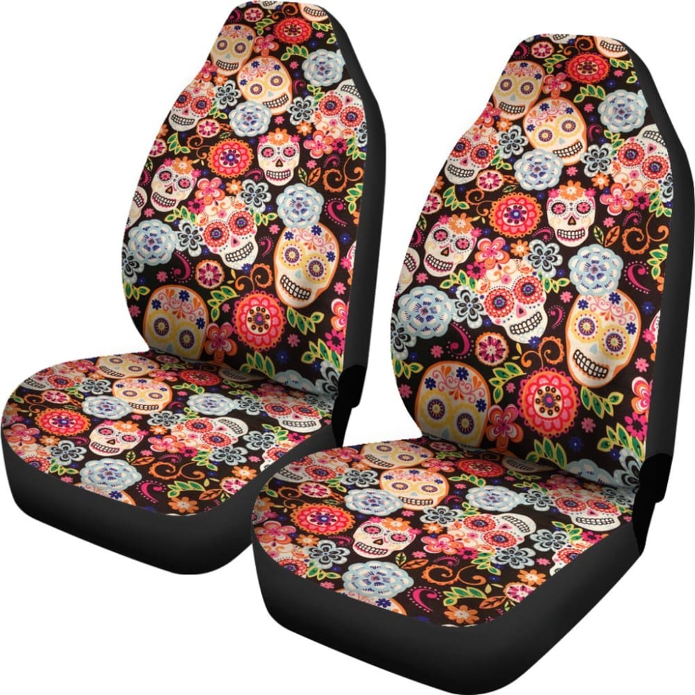 2 Pcs Sugar Skull Car Seat Covers - Durable & Stylish Mexican Sugar Skull Design for Cars, Trucks & SUVs - Perfect for Day of the Dead Decor, Halloween & Gothic Car Accessories