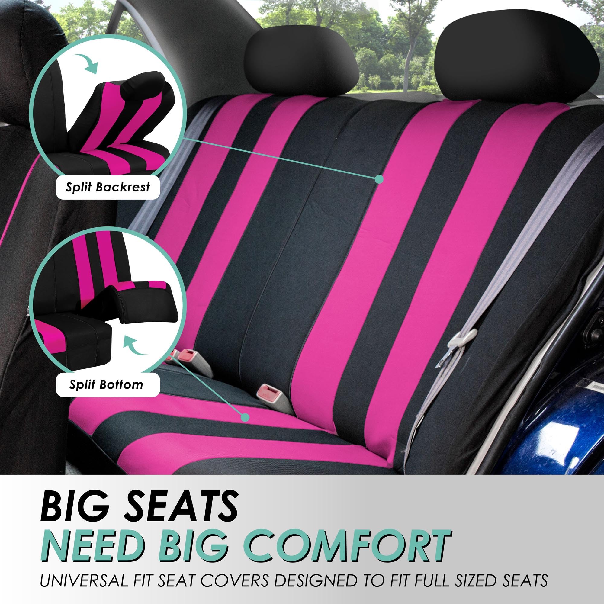FH Group Universal Car Seat Covers Full Set - Breathable Cloth Fabric, Airbag Compatible, Split Bench Design for SUV, Sedan, Van (Pink) | Perfect for Daily Commute, Road Trips & Family Travel