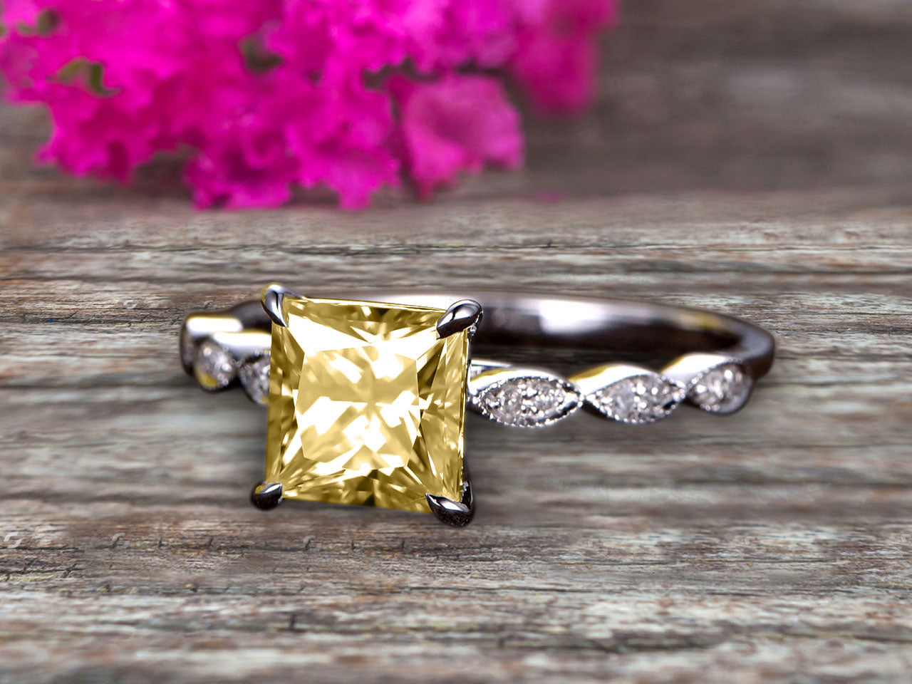 1.25 Carat Princess Cut Champagne Moissanite Engagement Ring in 10K White Gold - Vintage Art Deco Style for Wedding, Proposal & Anniversary Gifts
