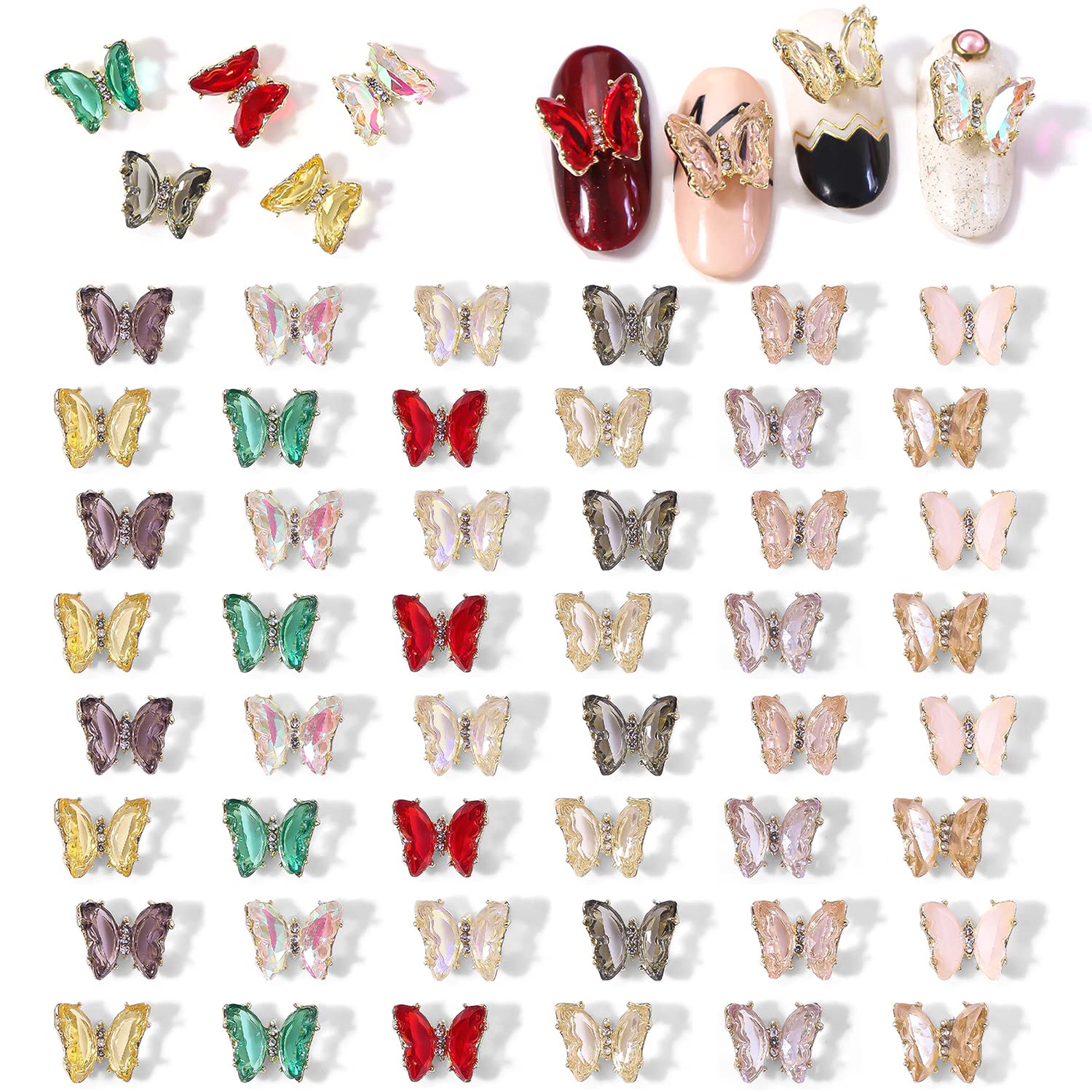 JERCLITY 60pcs 3D Zircon Butterfly Nail Charms - Alloy Crystal Nail Decorations with Aurora Effect for Acrylic Nails, DIY Manicure, Nail Art Designs - Perfect for Parties, Weddings, and Special Occasions