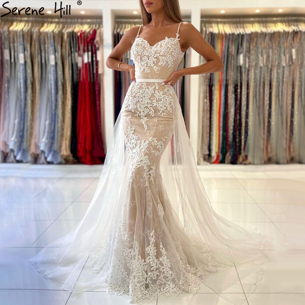 Elegant White Nude Spaghetti Strap Mermaid Evening Gown with Lace Detail for Women - 2025 Party Dress | Perfect for Weddings, Prom, Cocktail Parties & Formal Events