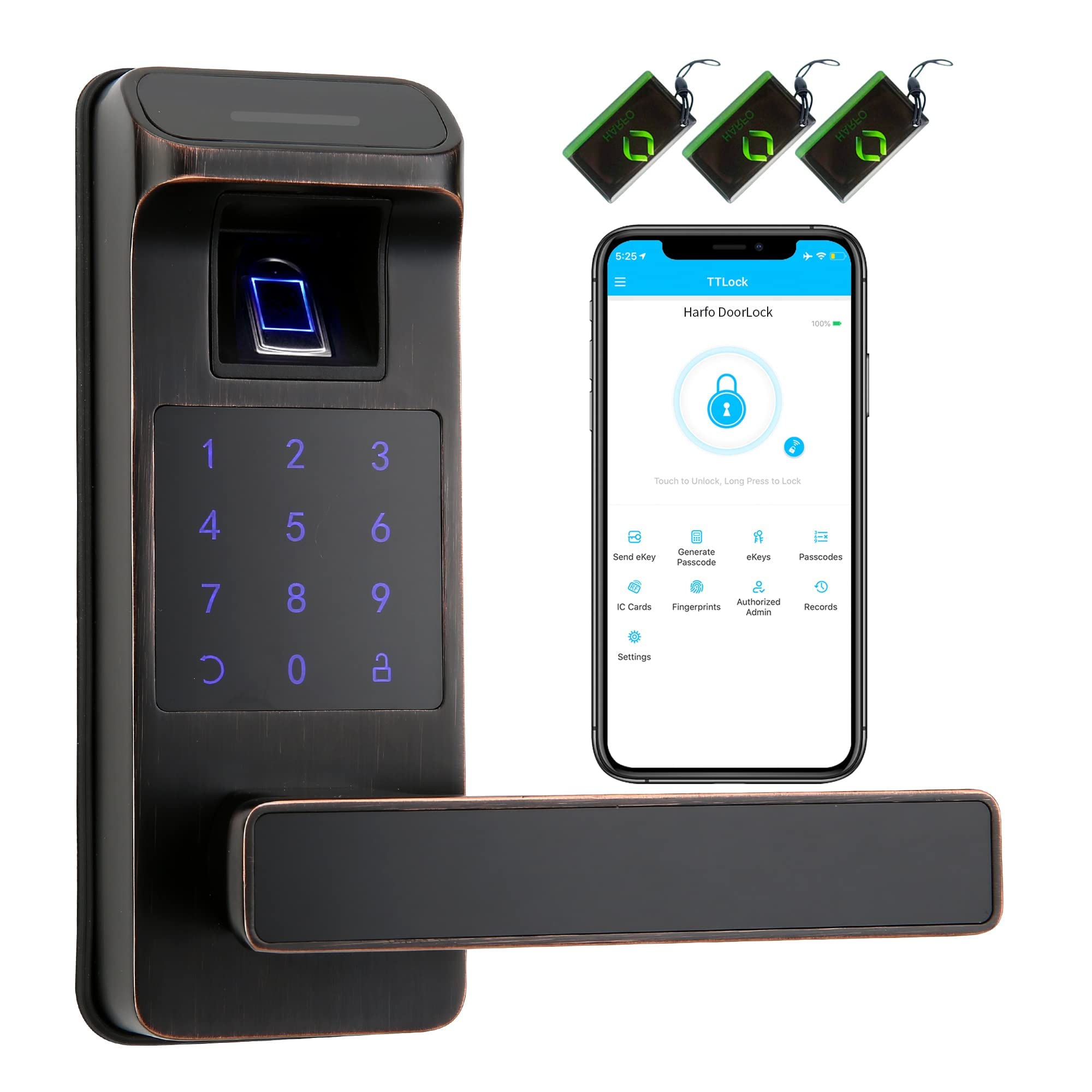 Harfo Smart Door Lock - Keyless Entry Fingerprint & Keypad Digital Lock with Full App Control - Heavy Duty Electronic Door Lock for Home Security (Aged Bronze) - Ideal for Modern Smart Homes & Apartments
