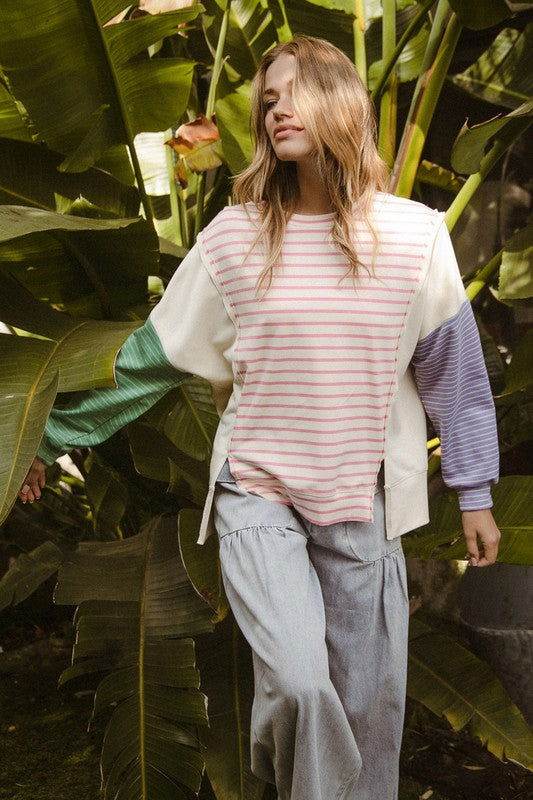 BiBi Women's Exposed Seam Slit Striped Round Neck T-Shirt | Casual Short Sleeve Tee for Everyday Wear, Date Night & Street Style Outfits
