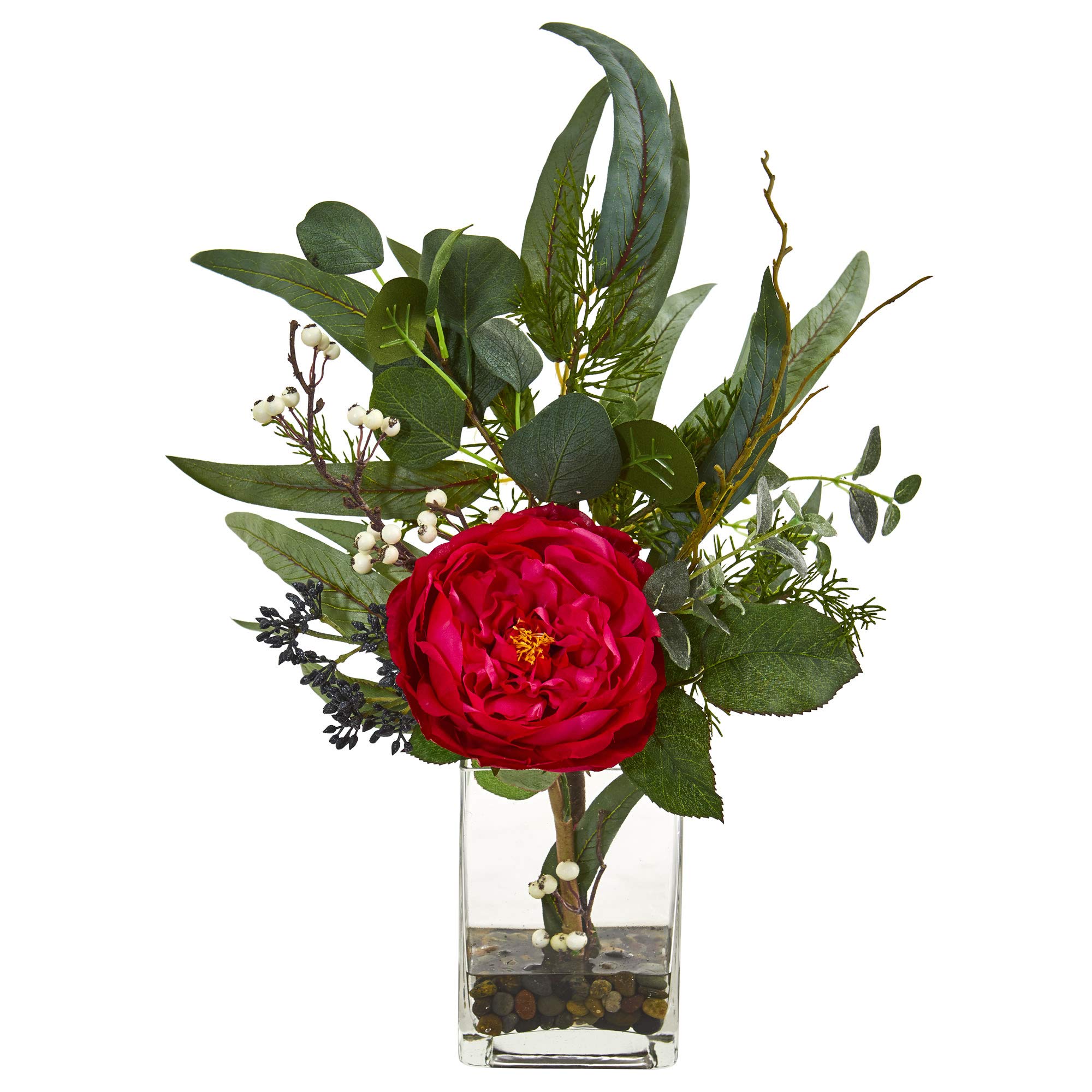 Nearly Natural 21-inch Red Rose and Eucalyptus Silk Flower Arrangement - Artificial Floral Centerpiece for Home Decor, Wedding, Office, and Tabletop Display
