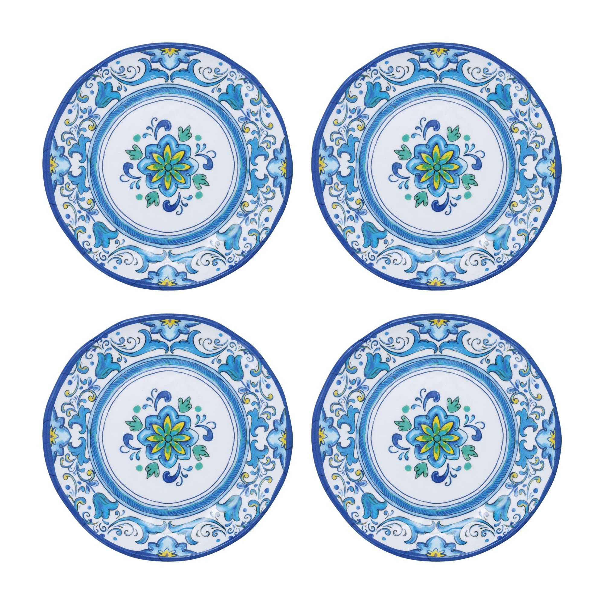UPware Blue Floral Melamine Round Dessert Plates - 6 Inch Small Serving Plates for Appetizers, Snacks & Side Dishes - Set of 4 - Perfect for Parties, Picnics & Outdoor Dining