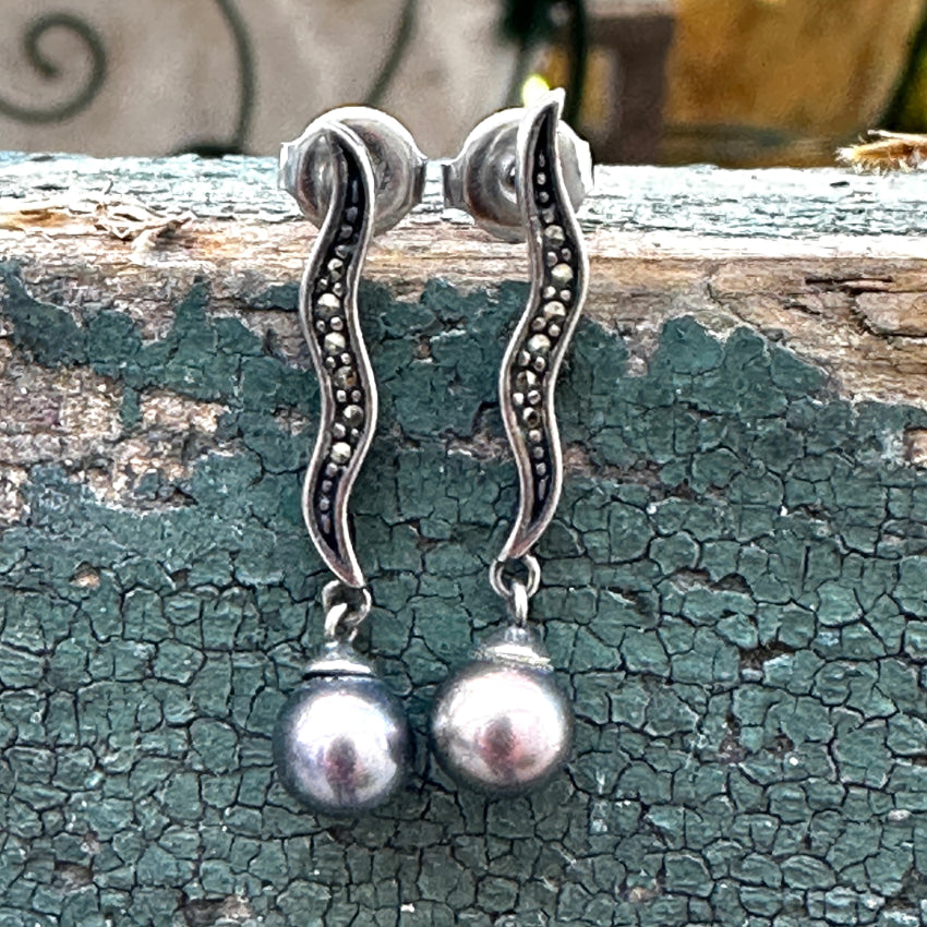 Sterling Silver Black Pearl Marcasite Stud Earrings for Women - Elegant Pierced Post Jewelry for Parties, Weddings & Special Occasions