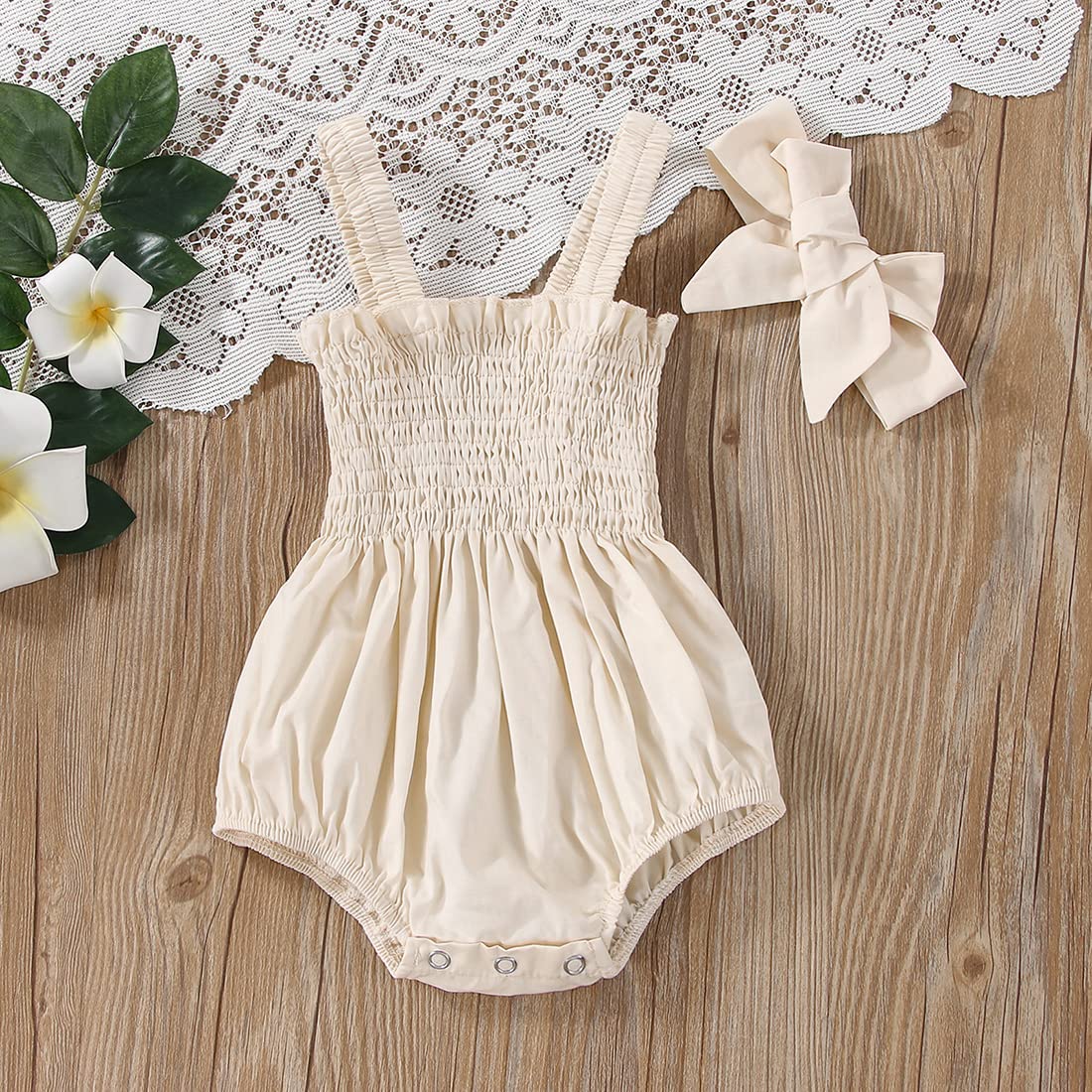 Adorable Newborn Baby Girl Summer Outfit - 100% Cotton Linen Romper with Floral Pleated Tops & Matching Headband | Perfect for Photoshoots, Birthday Parties & Daily Wear
