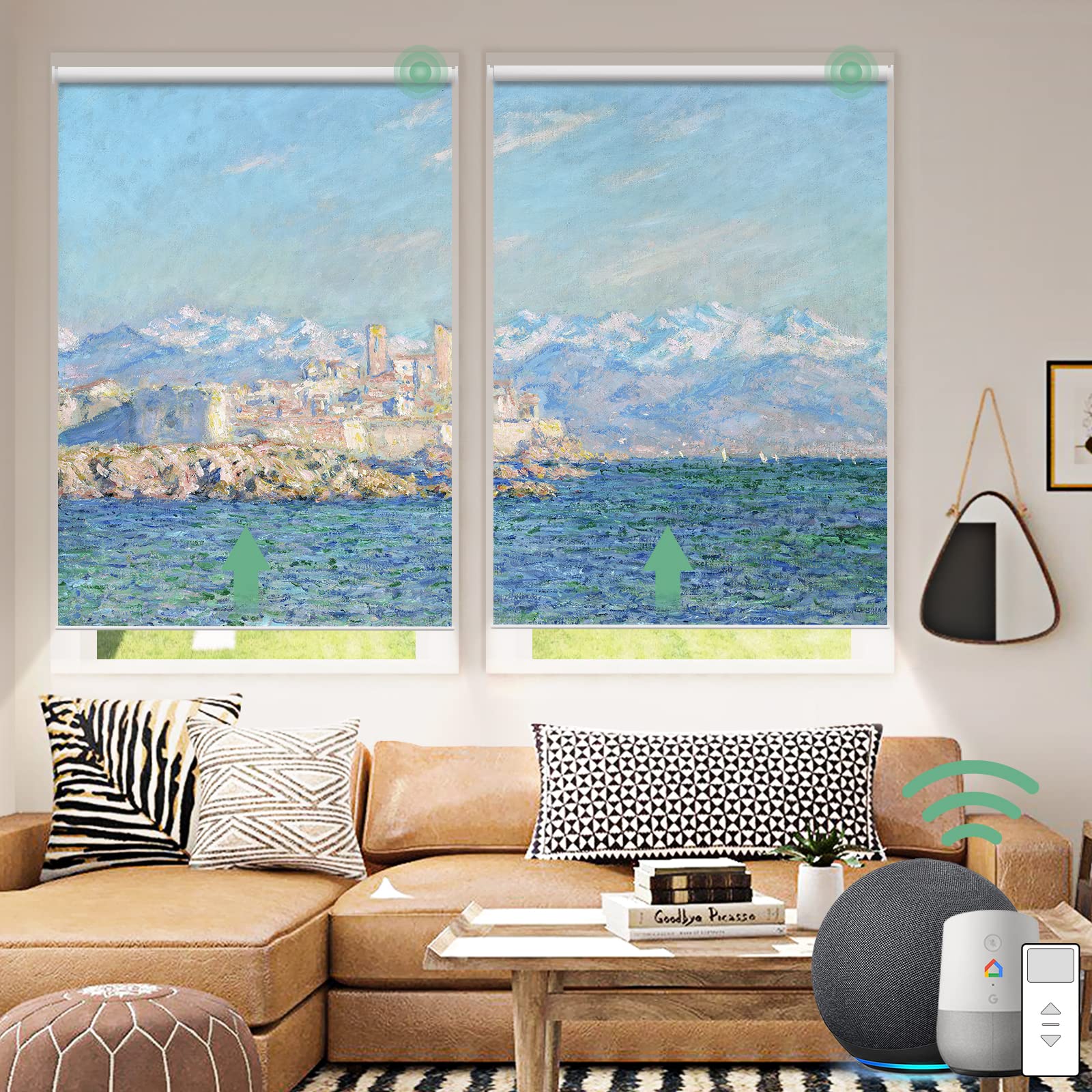 Yoolax Smart Motorized Roller Shades with Custom Photos - Blackout Alexa-Compatible Electric Window Blinds with Remote Control, Custom Size for Home & Office (Antibes Afternoon Effect) - Perfect for Bedrooms, Living Rooms and Workspaces