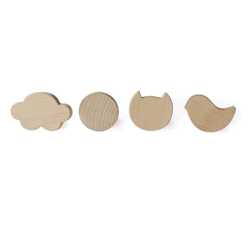 Briki Vroom Vroom Set of 4 Wooden Wall Hooks for Kids Room, Nursery, Bathroom & Entryway Organization - Durable Natural Wood Coat Hooks for Hanging Clothes, Bags & Towels