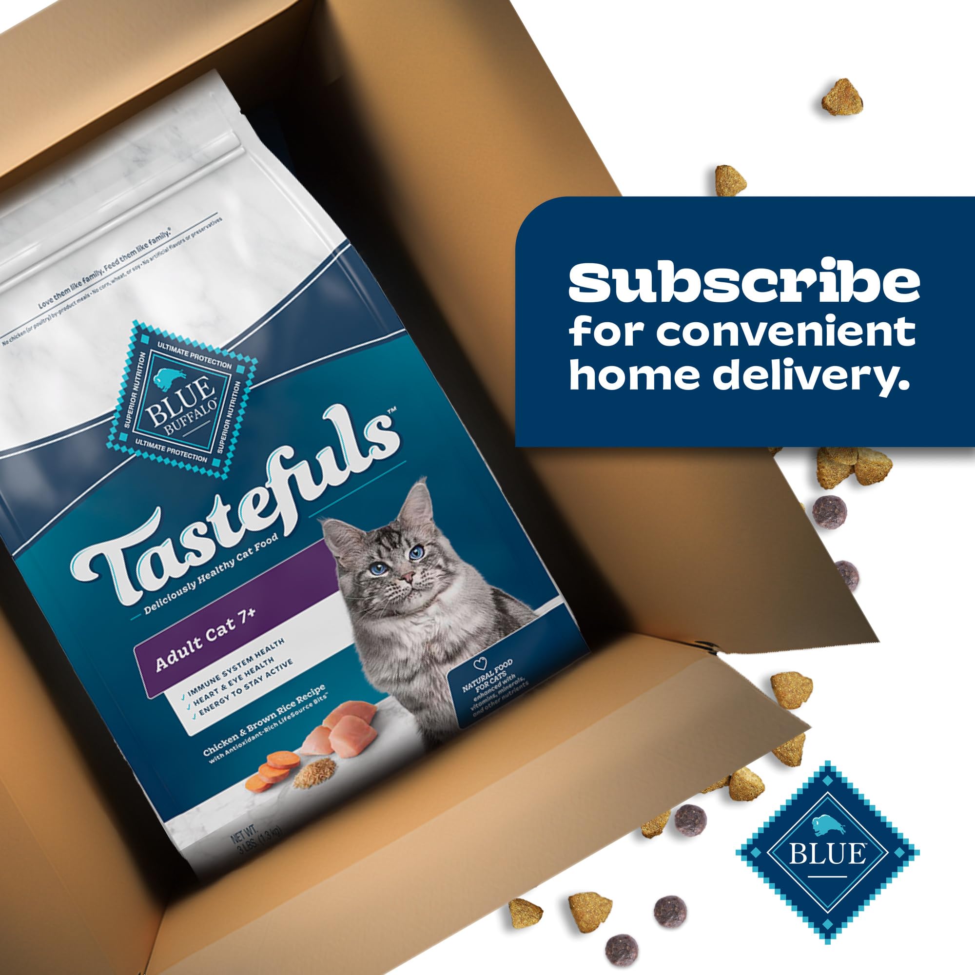 Blue Buffalo Tastefuls Mature Dry Cat Food for Adult Cats 7+ Years - Natural Chicken & Brown Rice Recipe - Made in USA - 3 lb Bag - Perfect for Senior Cats with Sensitive Stomachs