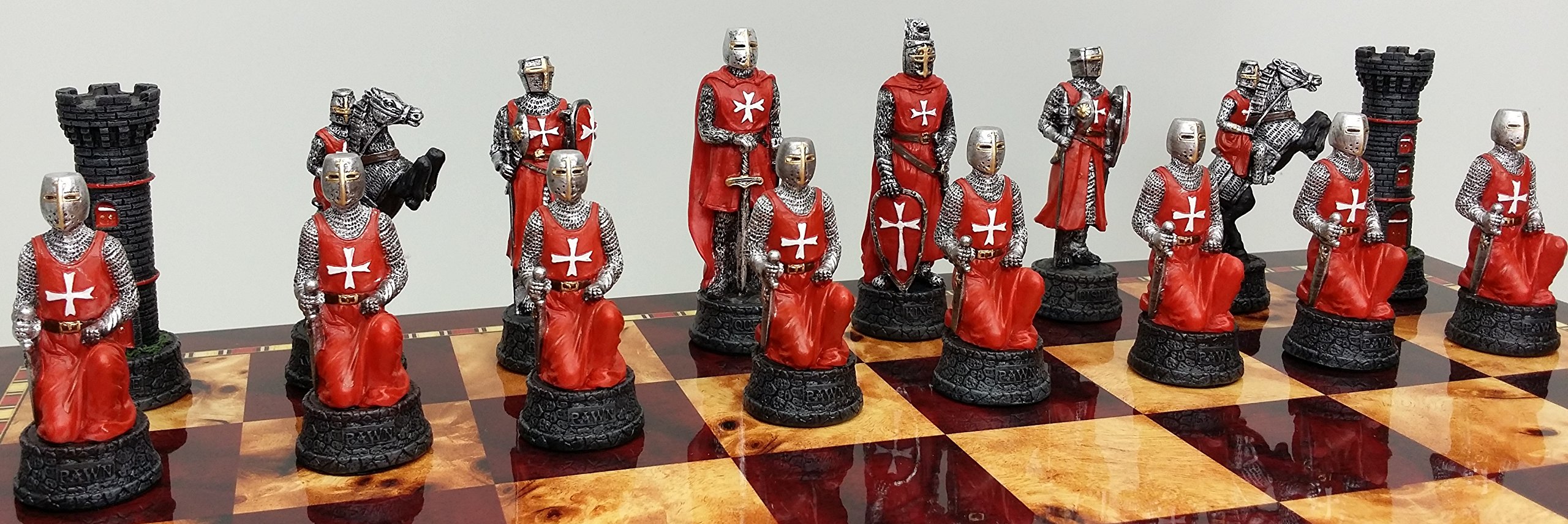 Medieval Knight Chess Set - Red & White Crusades Theme with 17