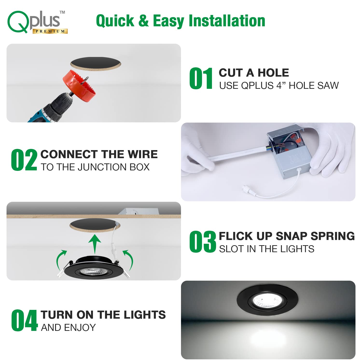 QPLUS 4-Inch Adjustable Recessed LED Gimbal Lights - 5CCT Color Selectable (2700K-5000K), Dimmable, Wet Rated, ETL & IC Certified, Canless Design - Perfect for Kitchens, Bathrooms & Living Rooms - 16 Pack