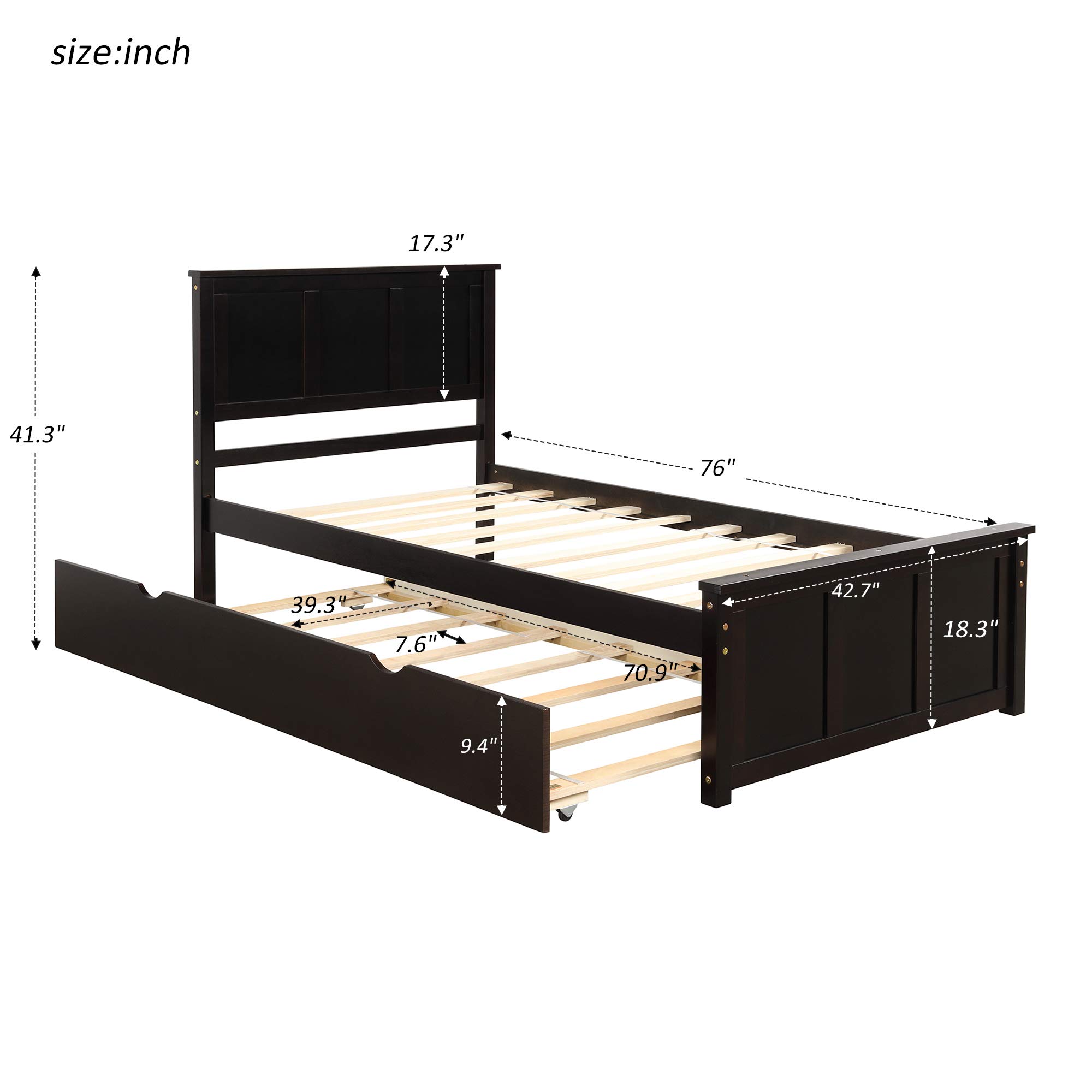 Twin Platform Bed with Trundle, Wood Slat Support - No Box Spring Needed for Kids & Guest Rooms