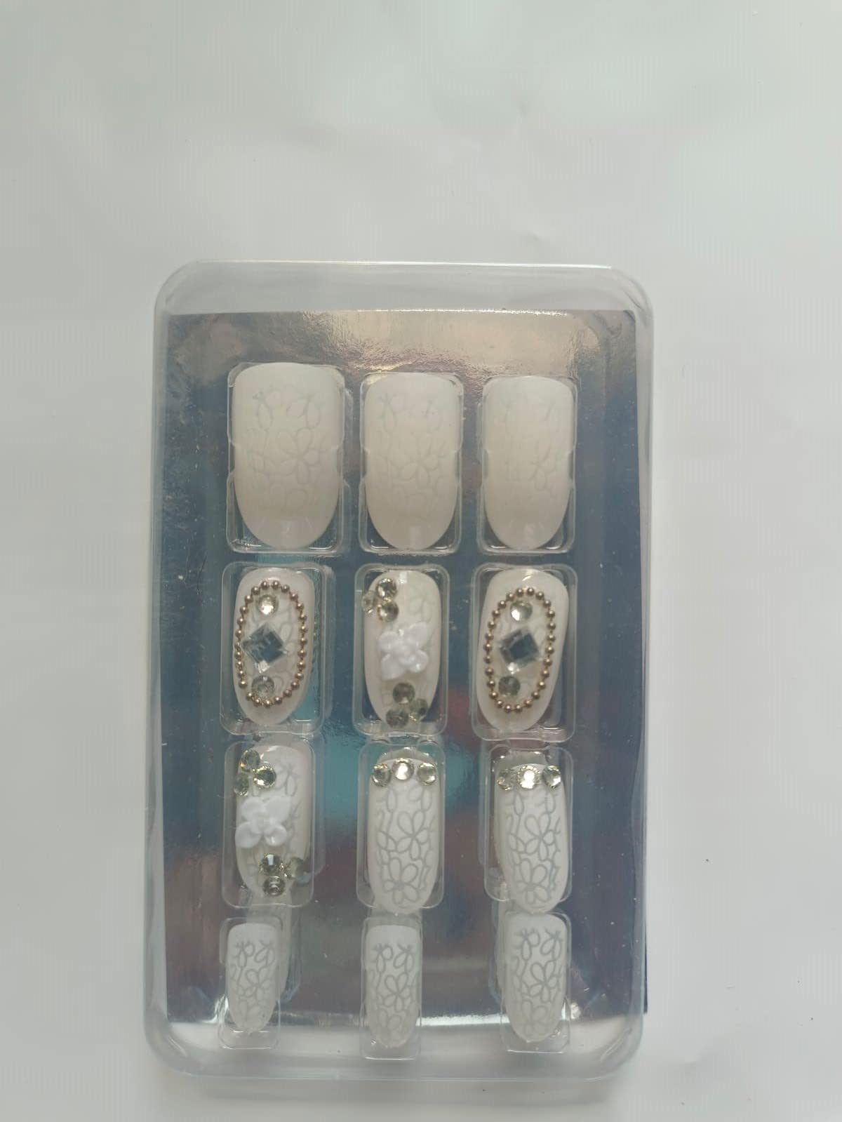 Pmw - 12 Pack White Fake Artificial Reusable Nails with Rhinestone Designs - Includes Glue & Sticker Sheets for Easy Application - Perfect for Parties, Weddings & Special Occasions