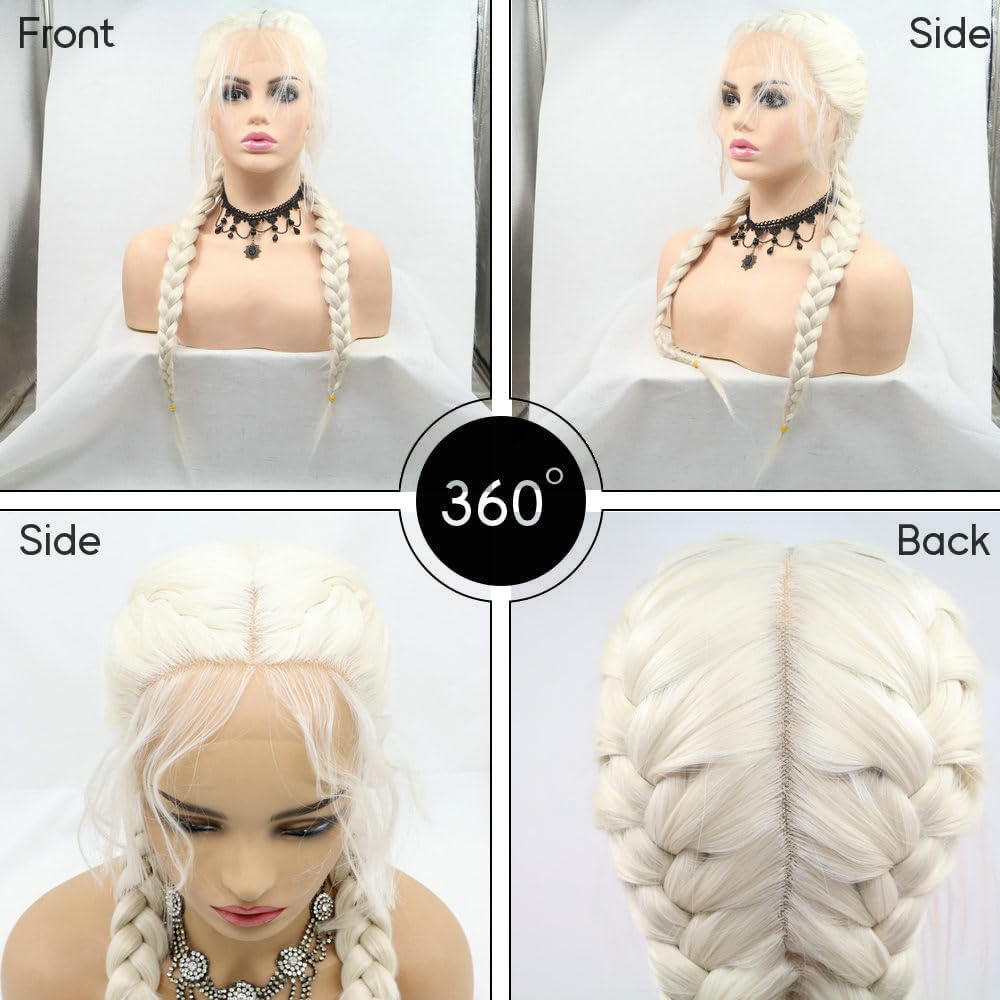 Natural Looking Long Braids Wigs for Women - Hand-Tied Double Braided Synthetic Lace Front Wig with Baby Hair - 60# White Blonde - Perfect for Daily Wear, Cosplay, and Protective Hairstyles