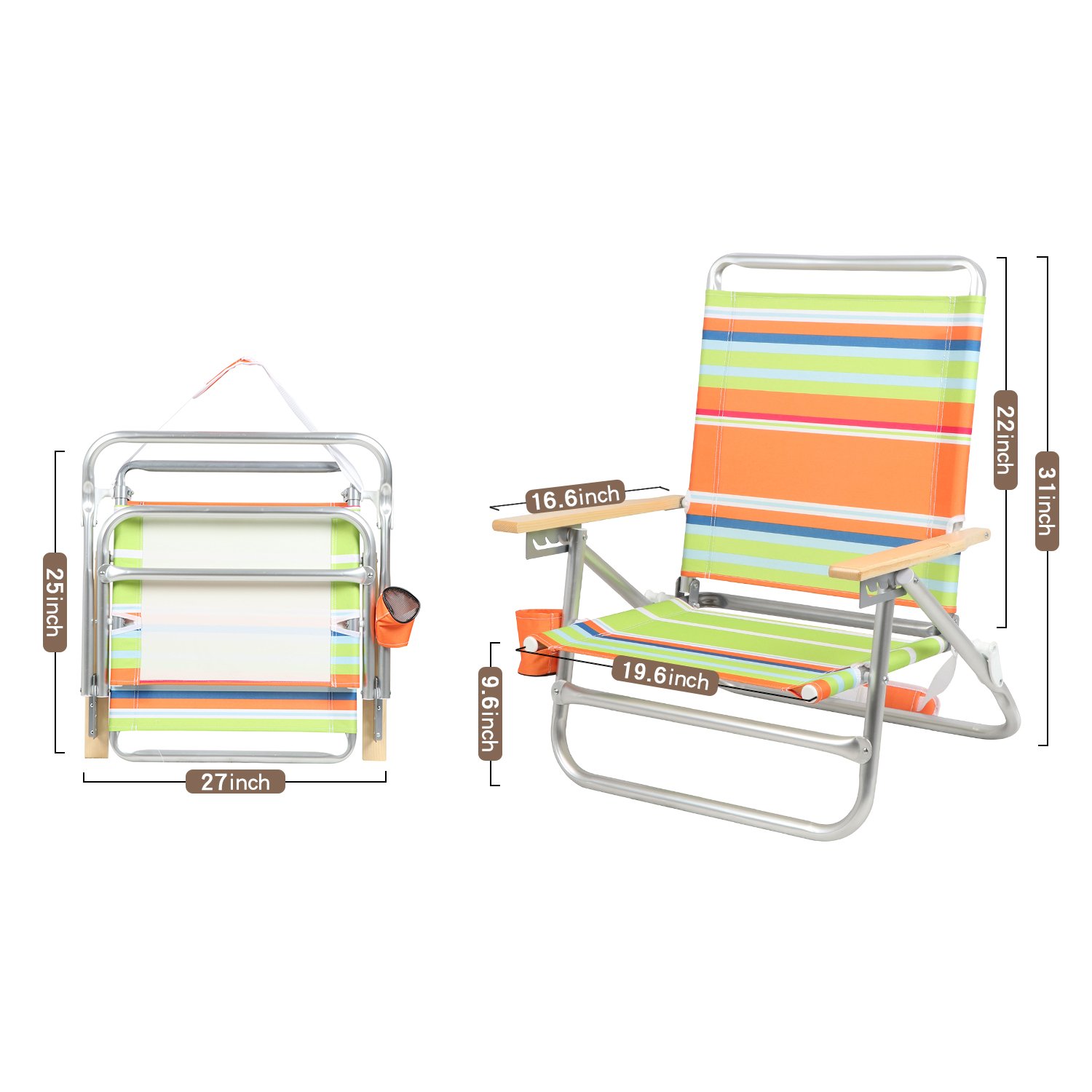 PORTAL 4-Position Folding Beach Chair with Backpack Straps - Lightweight Portable Lounge Chair for Adults (225 lbs Capacity) - Perfect for Beach, Poolside, Camping & Outdoor Relaxation - Green