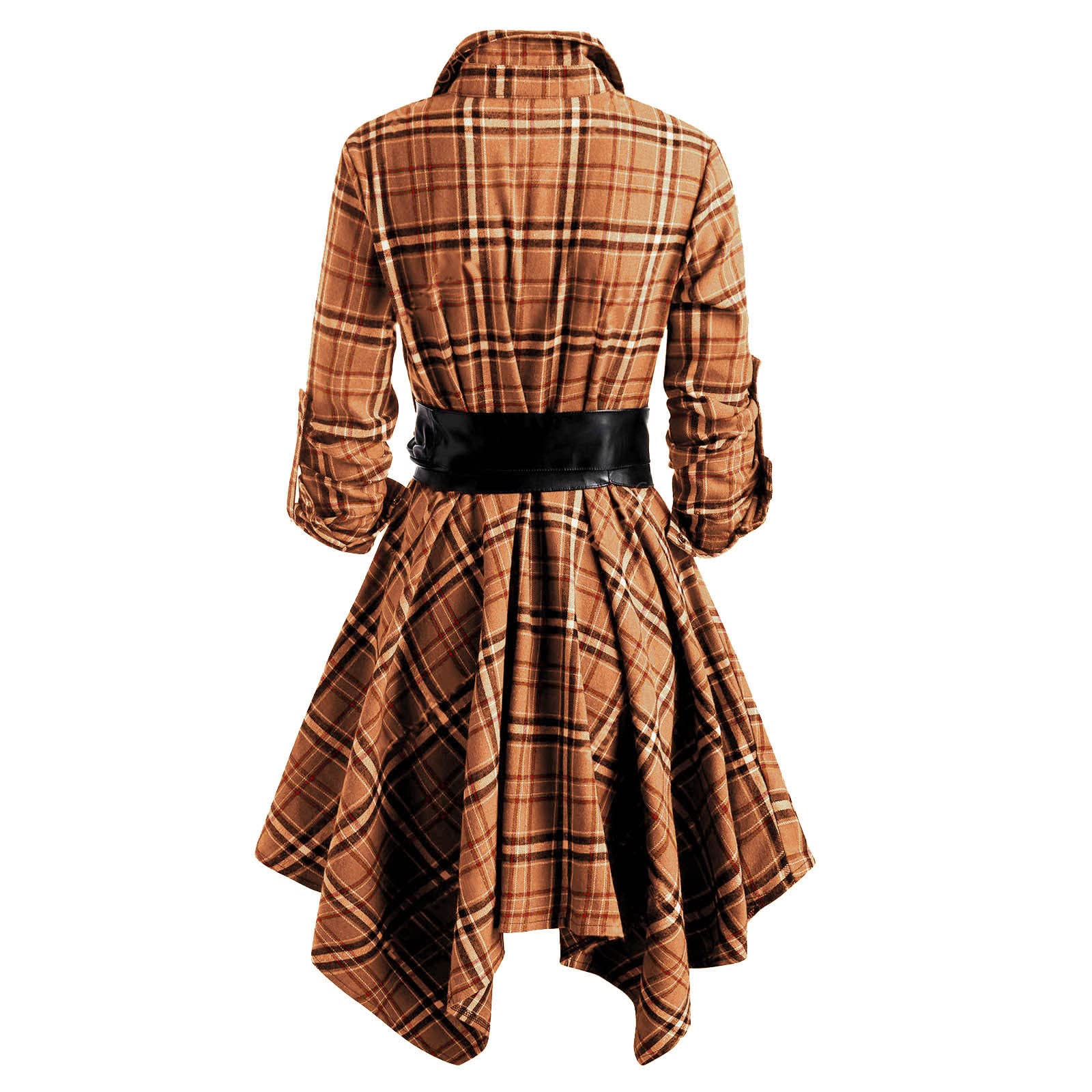 Stylish Women's Long Sleeve Plaid Bandage Dress with Turn-Down Collar | Slim Fit Asymmetrical High-Low Hem | Perfect for Office, Party & Casual Outings
