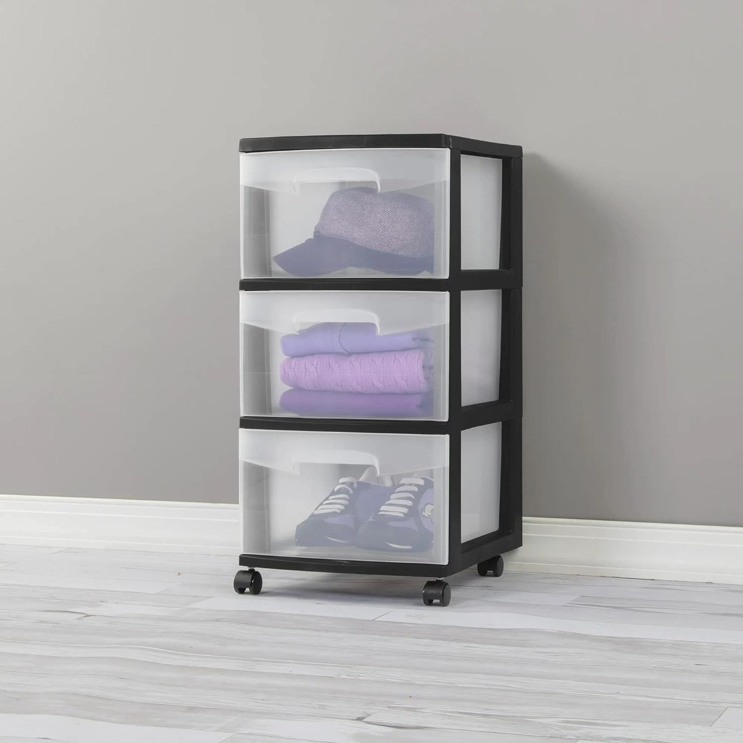 3-Drawer Plastic Storage Cart with Removable Wheels - Medium Home Organization Solution for Bedroom, Closet & Office - Black (Set of 1)