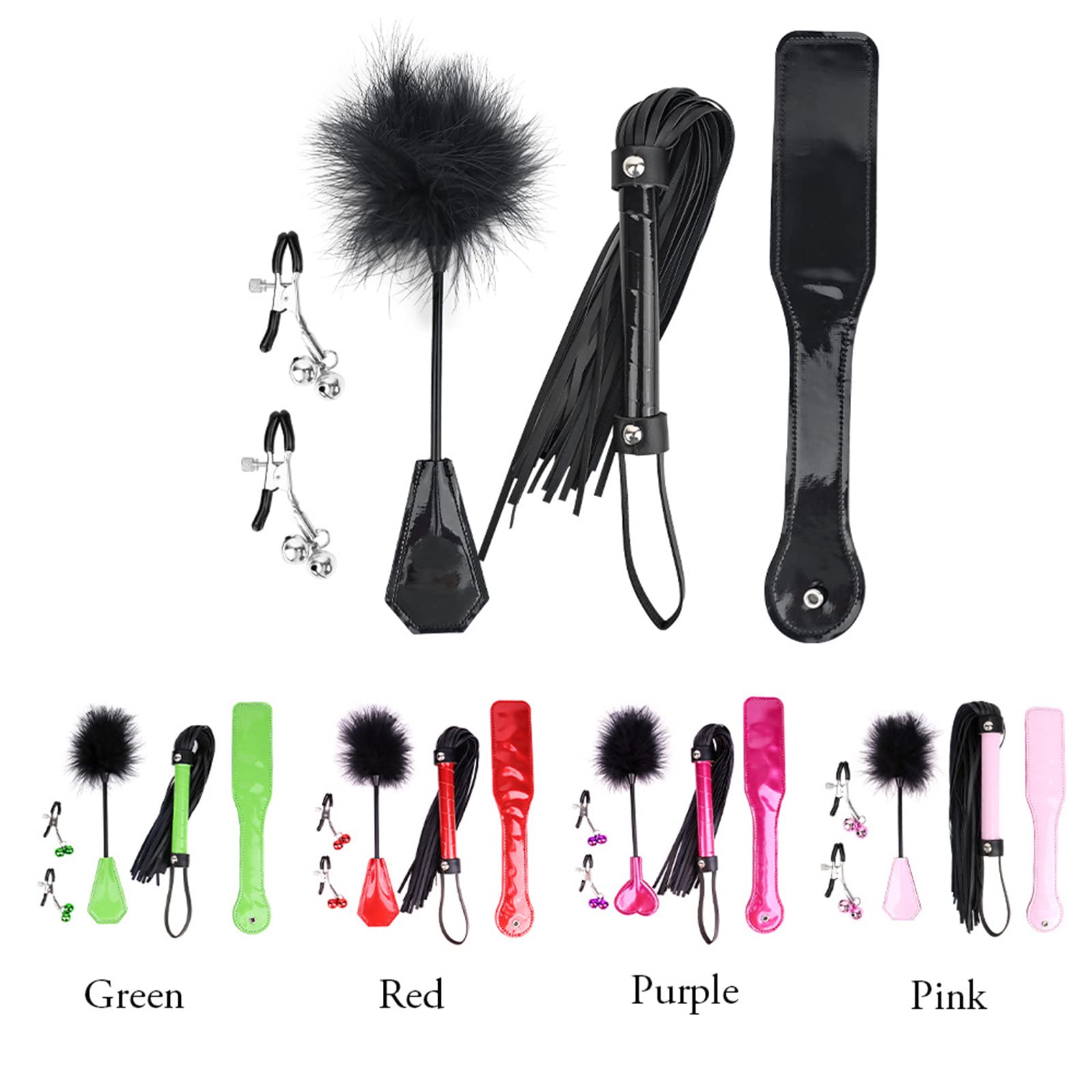 4-Piece BDSM Training Kit - Sex Whip, Paddle, Feather Flogger & Nipple Clips for Couples Role Play - Sensual Red Rose Design - Perfect for Spicing Up Bedroom Play & BDSM Exploration