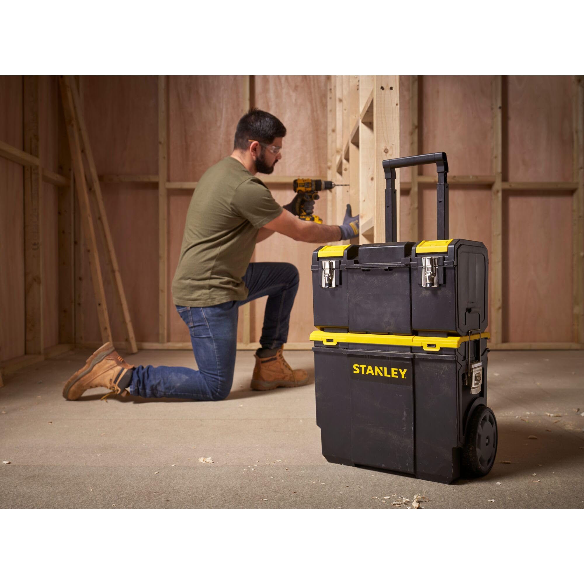 STANLEY 3-in-1 Rolling Tool Box with Detachable Tote Tray & Pull Handle - Heavy Duty Mobile Work Center Organizer for Tools, DIY Projects & Job Sites - Perfect for Construction, Home Improvement & Garage Storage