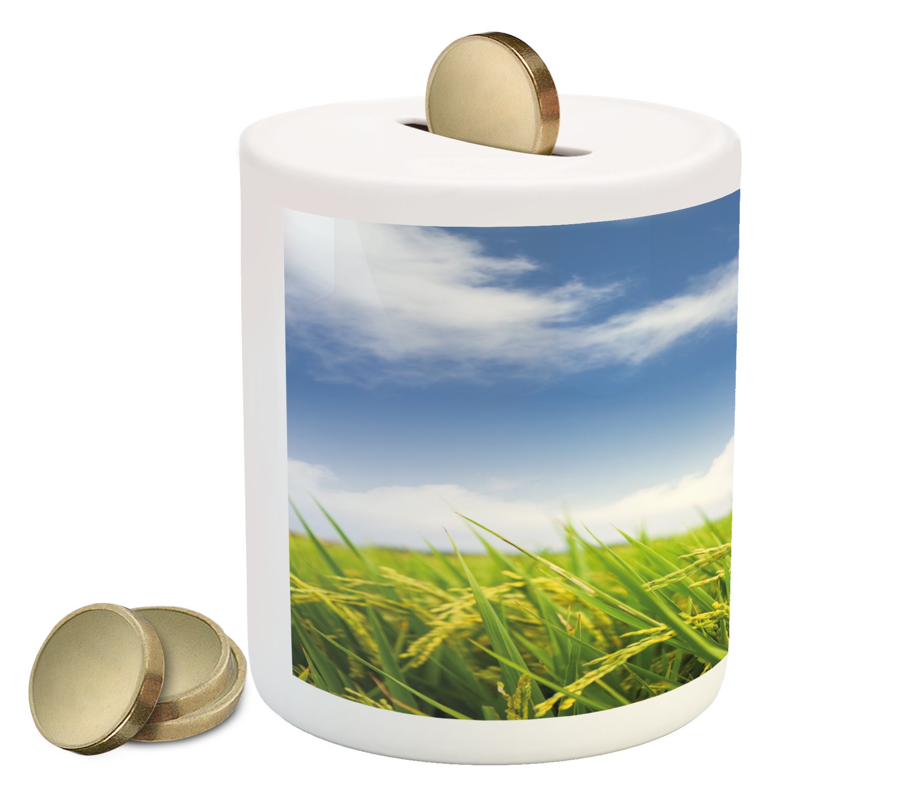 Ambesonne Ceramic Piggy Bank - Farm Paddy Rice Field Agriculture Design, Money Saving Box for Cash & Coins (Sky Blue & Apple Green) | Perfect Gift for Kids, Farmers & Agriculture Enthusiasts