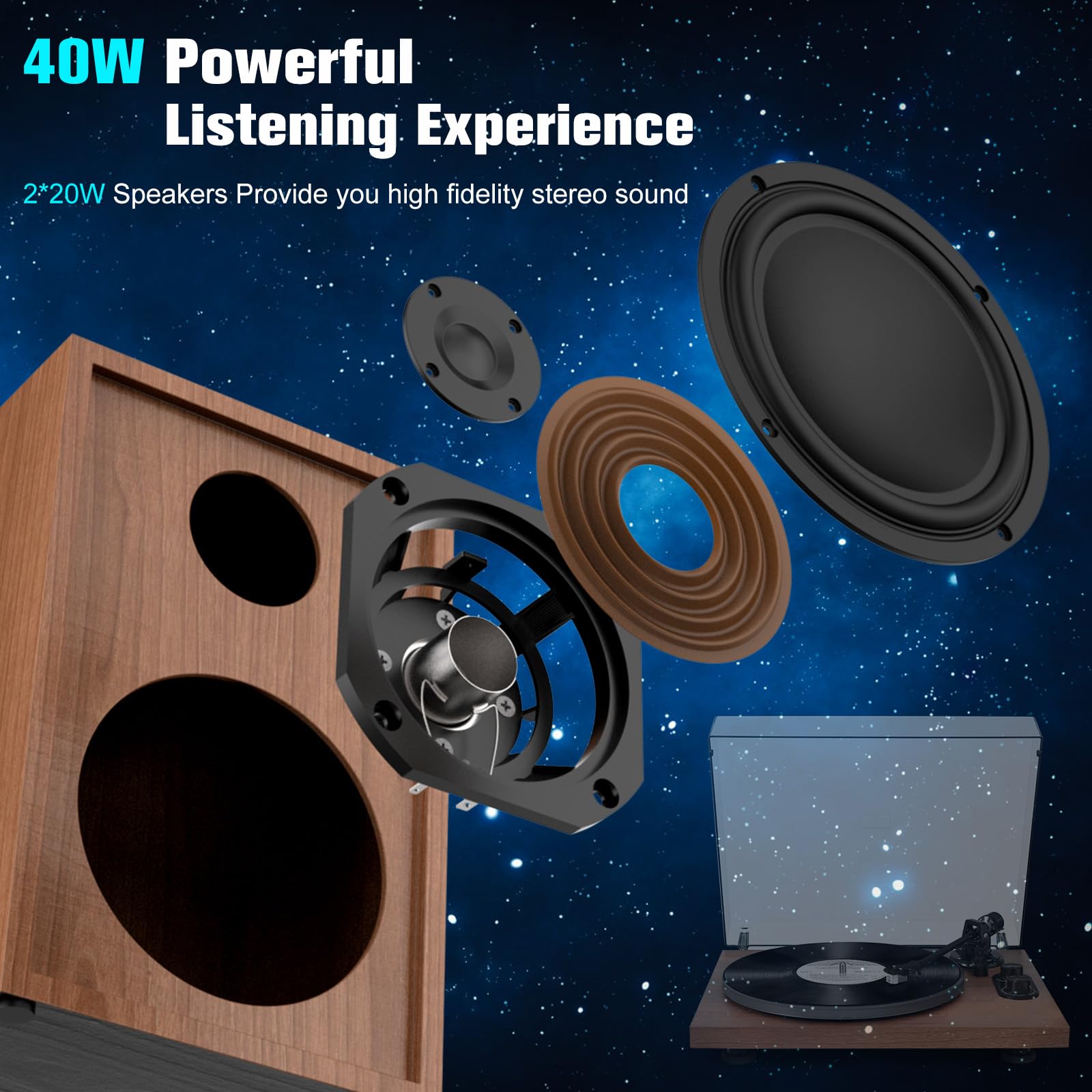 Wireless Bluetooth Turntable with 40W Speakers - Vinyl Record Player with Built-in Preamp, AT-3600L Cartridge, USB Recording, Pitch & Counterweight - Perfect for Home Entertainment & Vinyl Enthusiasts