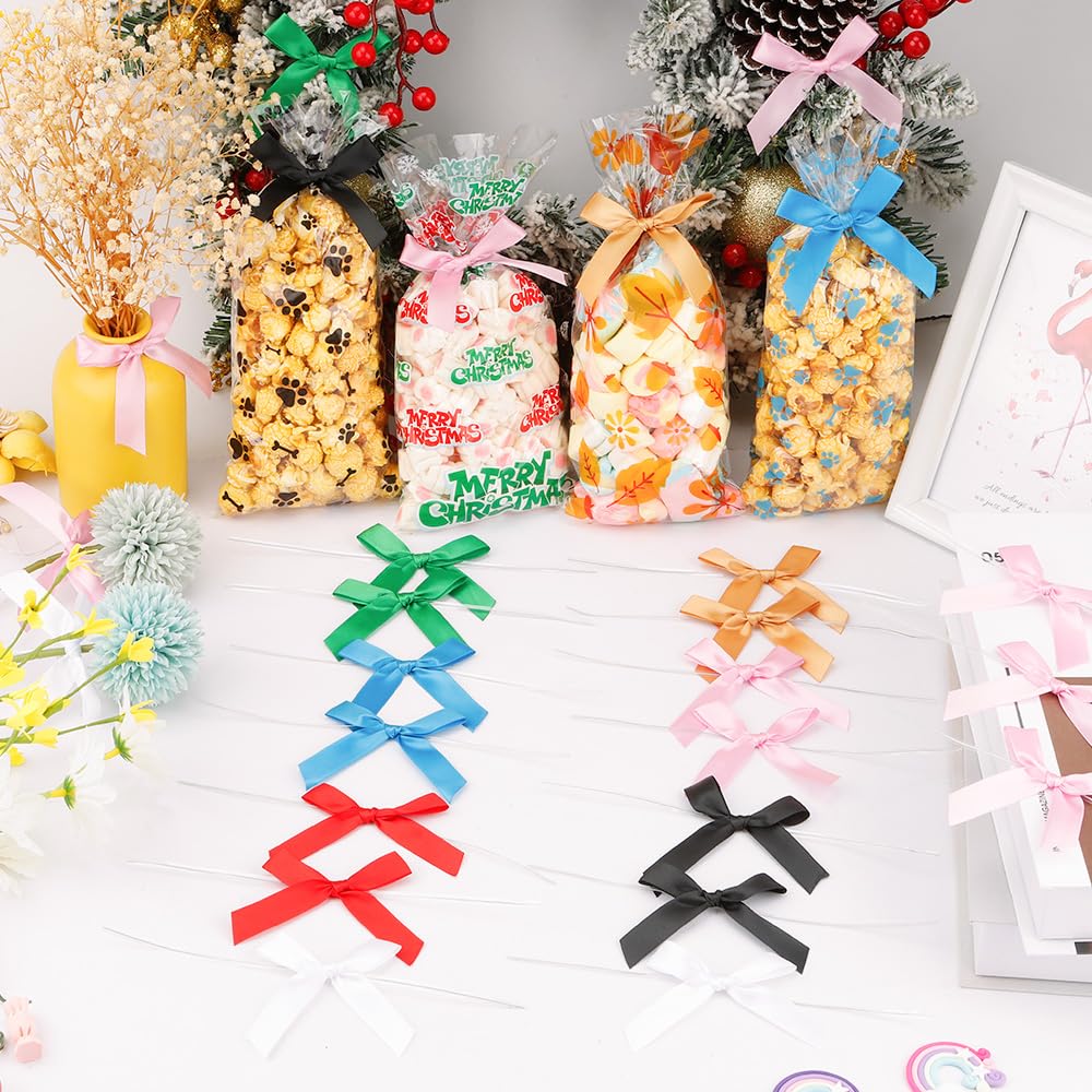 30 Pack Pink Satin Twist Tie Bows - Small Mini Bowknots for DIY Crafts, Valentine Gifts, Treat Bags & Cookie Decorations | Perfect for Gift Wrapping, Party Favors, and Bakery Packaging