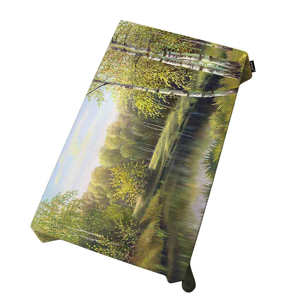 oFloral Washable Polyester Tablecloth - Birch and River Autumn Landscape Oil Painting Design for Rectangular & Oblong Tables | Perfect for Kitchen, Dining Room, Party, Holiday Dinner & Wedding Decor