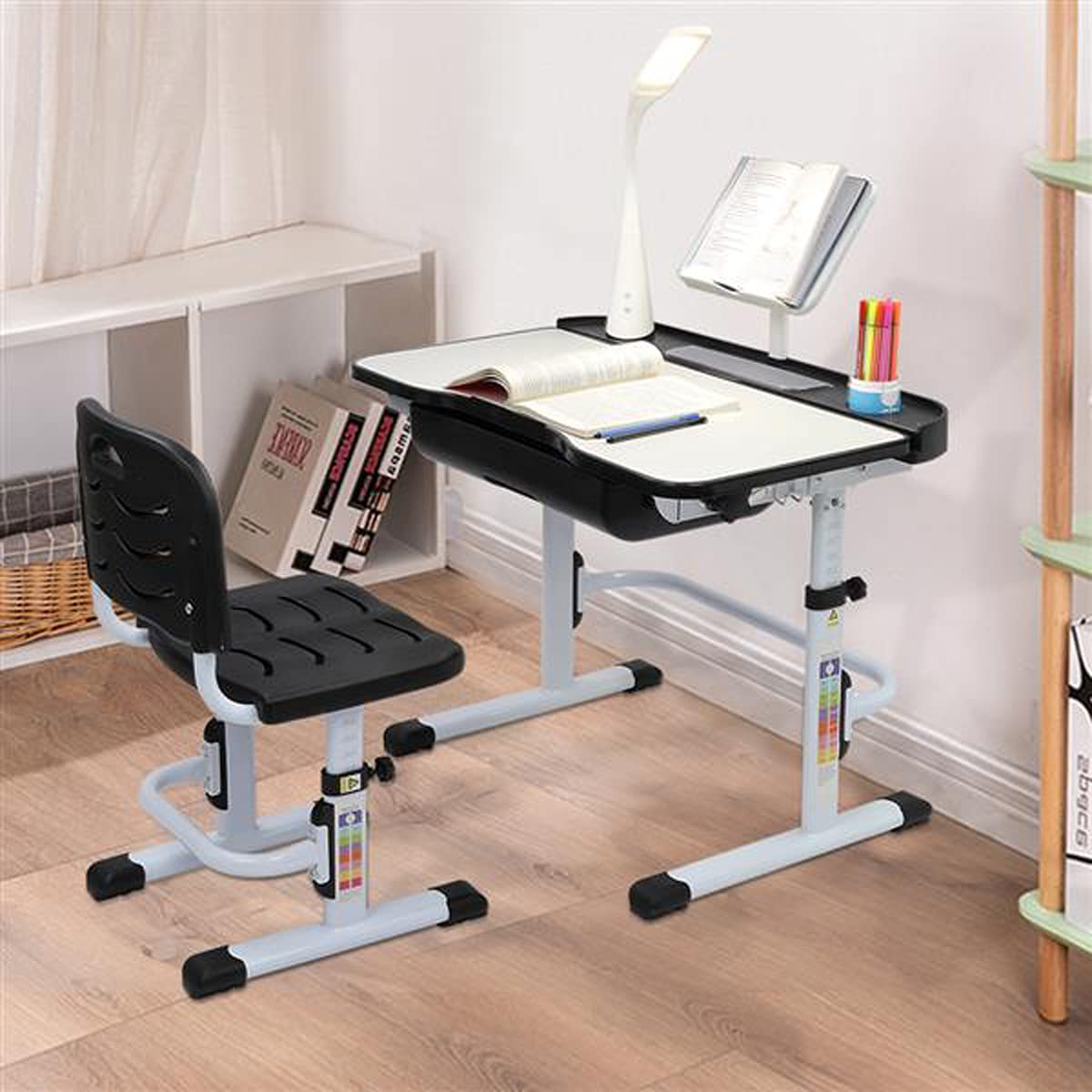VMOPA Kids Desk and Chair Set - Adjustable Height Study Desk with Lift-Top & Tilt Desktop, Storage Drawer & Bookshelf for Boys & Girls - Perfect for Homeschooling & Online Learning (Black with Table Lamp)