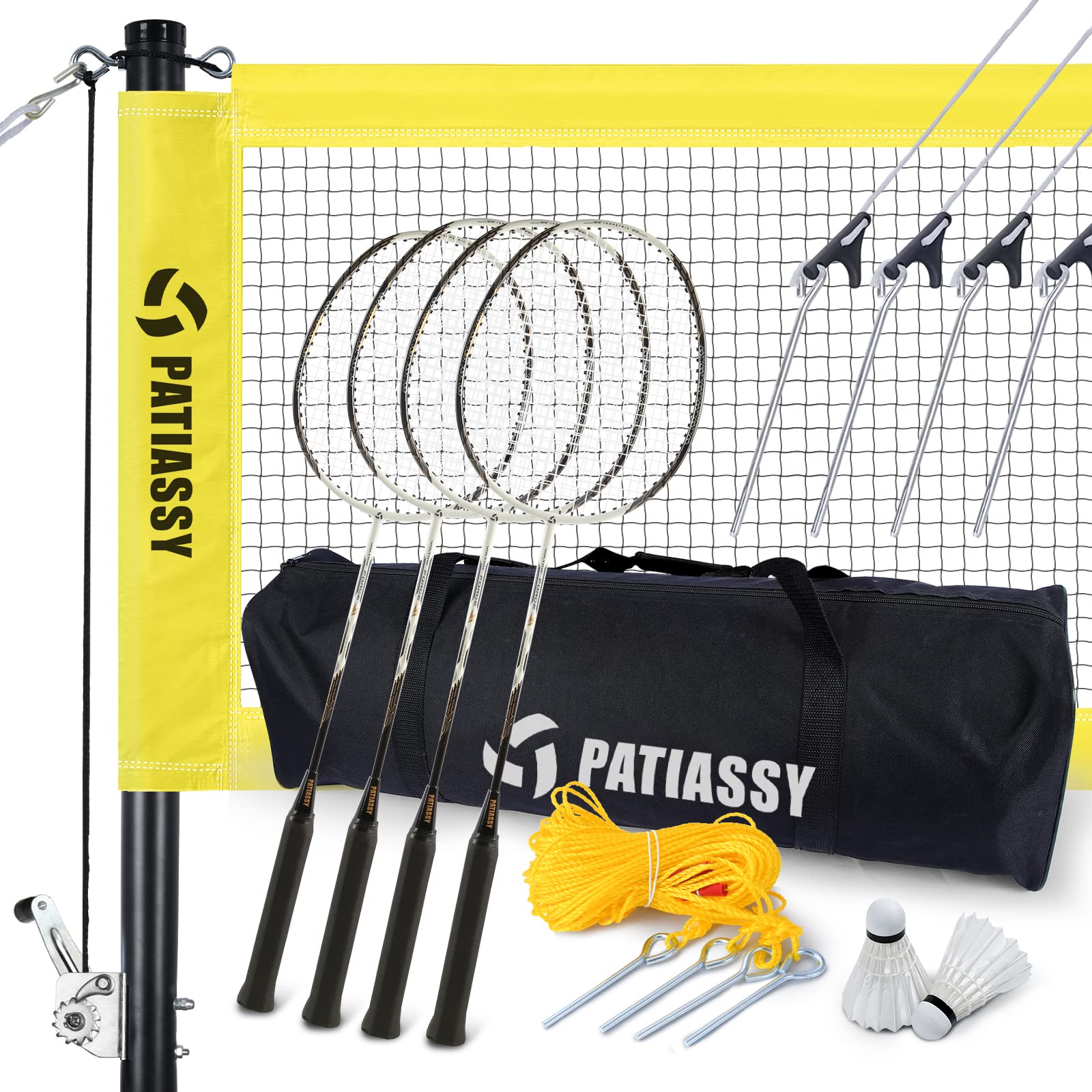 **Patiassy Professional Badminton Set with Winch System - 4 Rackets, 2 Goose Feather Shuttlecocks & Carrying Bag - Portable Outdoor Badminton Net for Backyard, Beach, Park, and Family Fun**