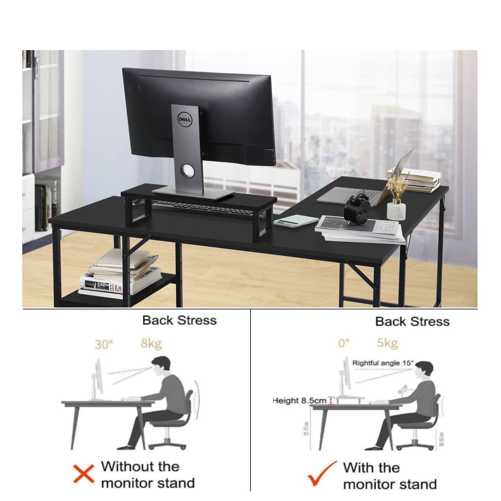 L-Shaped Corner Computer Desk with Storage Shelves - Large Gaming & Workstation Desk with Monitor Stand for Home Office, Study, or Gaming Room - Black
