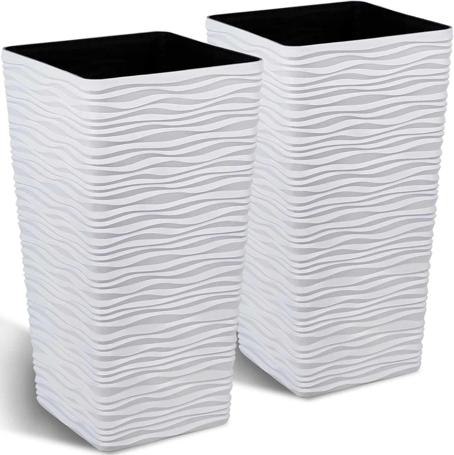 Worth Garden 22 Inch Tall White Square Plastic Planters Set of 2 - Modern Tapered Matte Wavy Flower Pots for Indoor Outdoor Use - Perfect for Porch, Deck, Garden & Home Decor