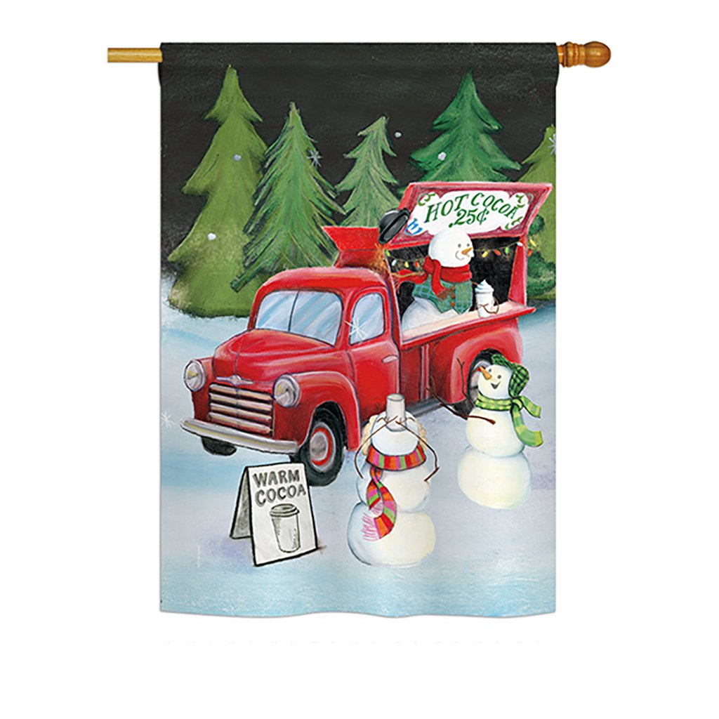 Breeze Decor H114207 Snowmen Hot Cocoa Vertical House Flag - 28x40 Inch Multicolor Outdoor Holiday Decoration for Christmas, Winter, and Seasonal Home Decor