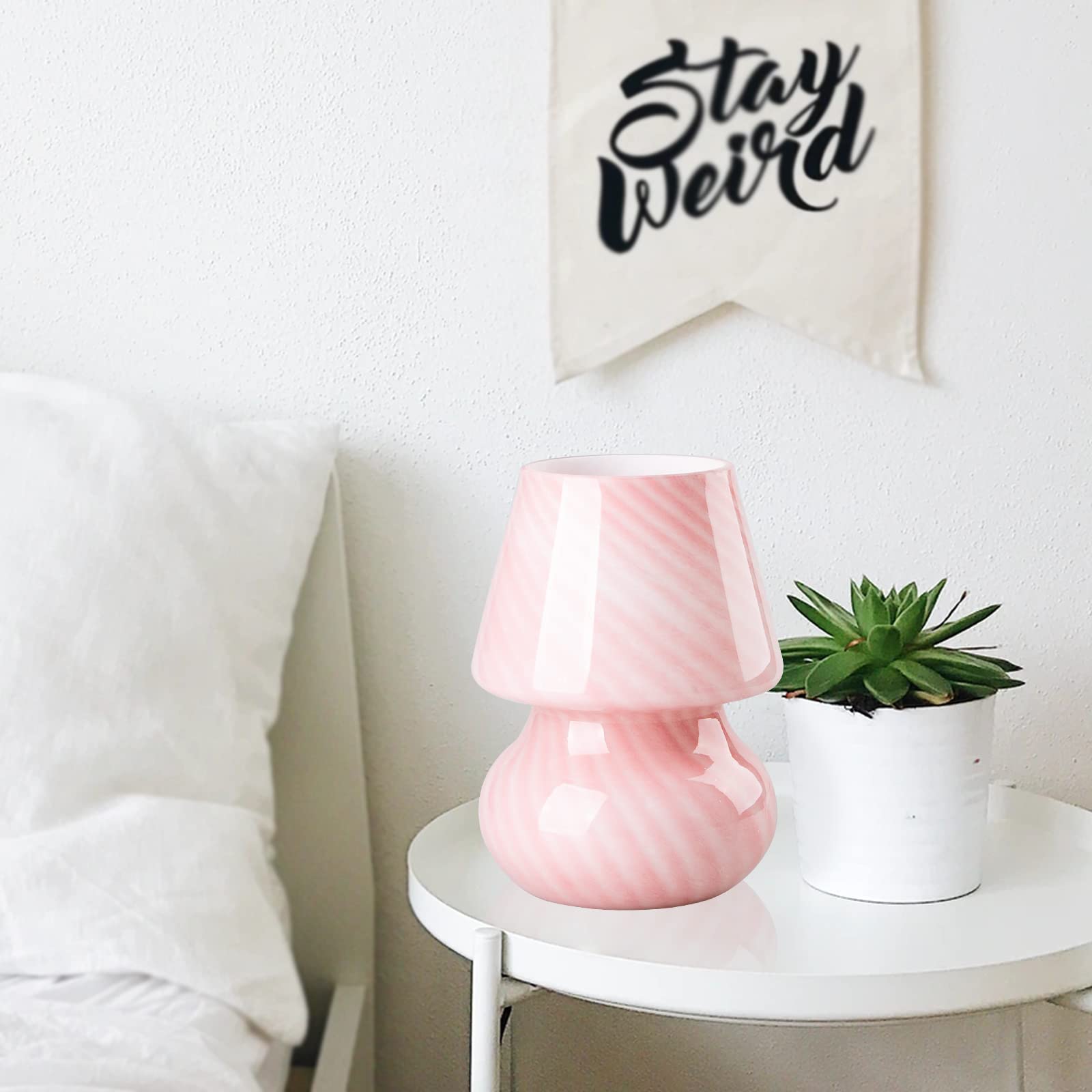 COOSA Mushroom Lamp - Stepless Dimmable Glass Table & Bedside Night Light, Translucent Striped Small Ambient Lighting for Kids Bedroom, Living Room Decor, Unique Gift for Girls (Stripe Pink) | Perfect for Cozy Nights, Reading Nook & Nursery Decor